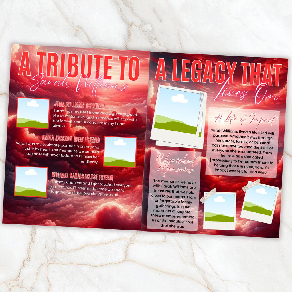 12 Page Red Memorial Essence Magazine Template, Celebration of Life Program Keepsake, Obituary Celebration Of Life Program, Digital Download - Editable Memorial Canva Template