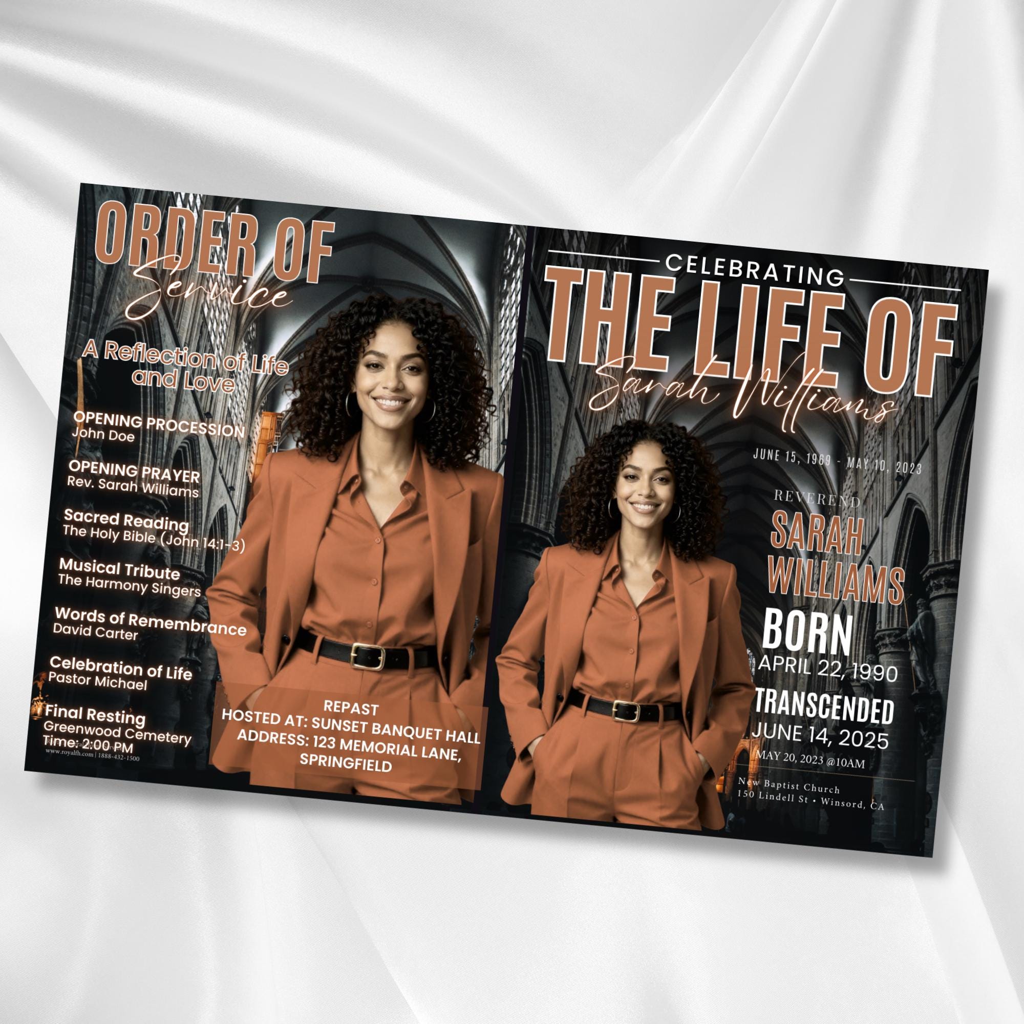 08 Pages Tabloid Black Funeral Program Template, Bi-Fold Funeral Program, In Loving Memory, Obituary Celebration Of Life Program - Editable Memorial Canva Template