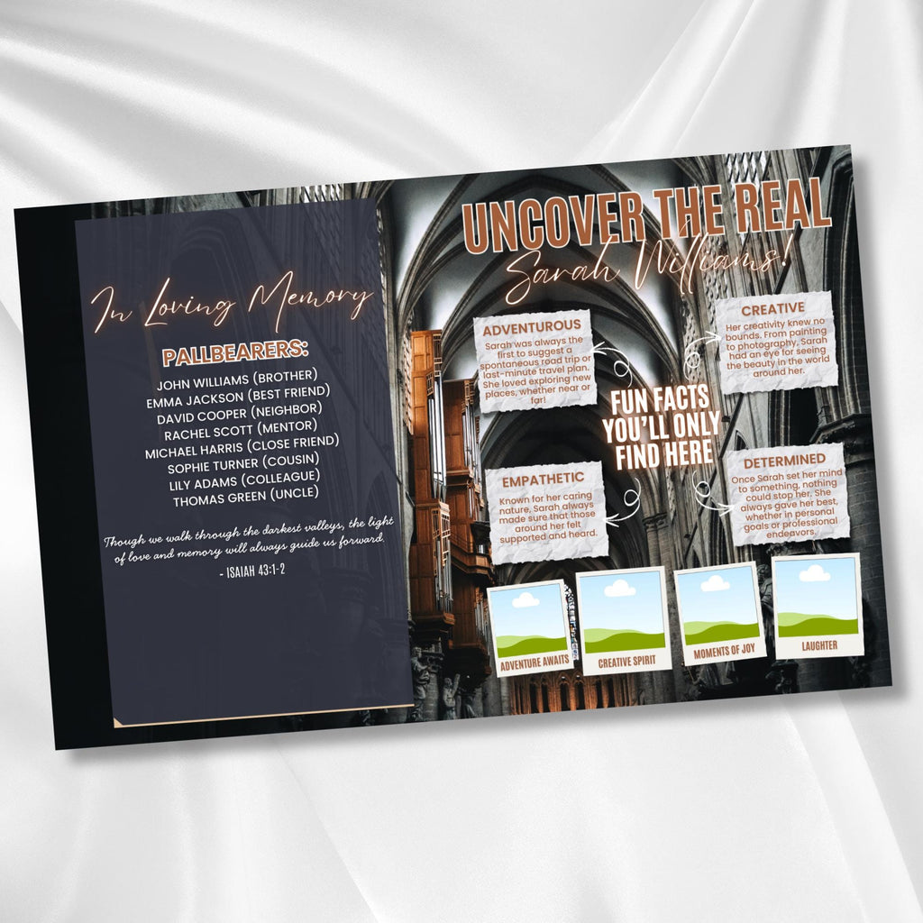 08 Pages Tabloid Black Funeral Program Template, Bi-Fold Funeral Program, In Loving Memory, Obituary Celebration Of Life Program - Editable Memorial Canva Template