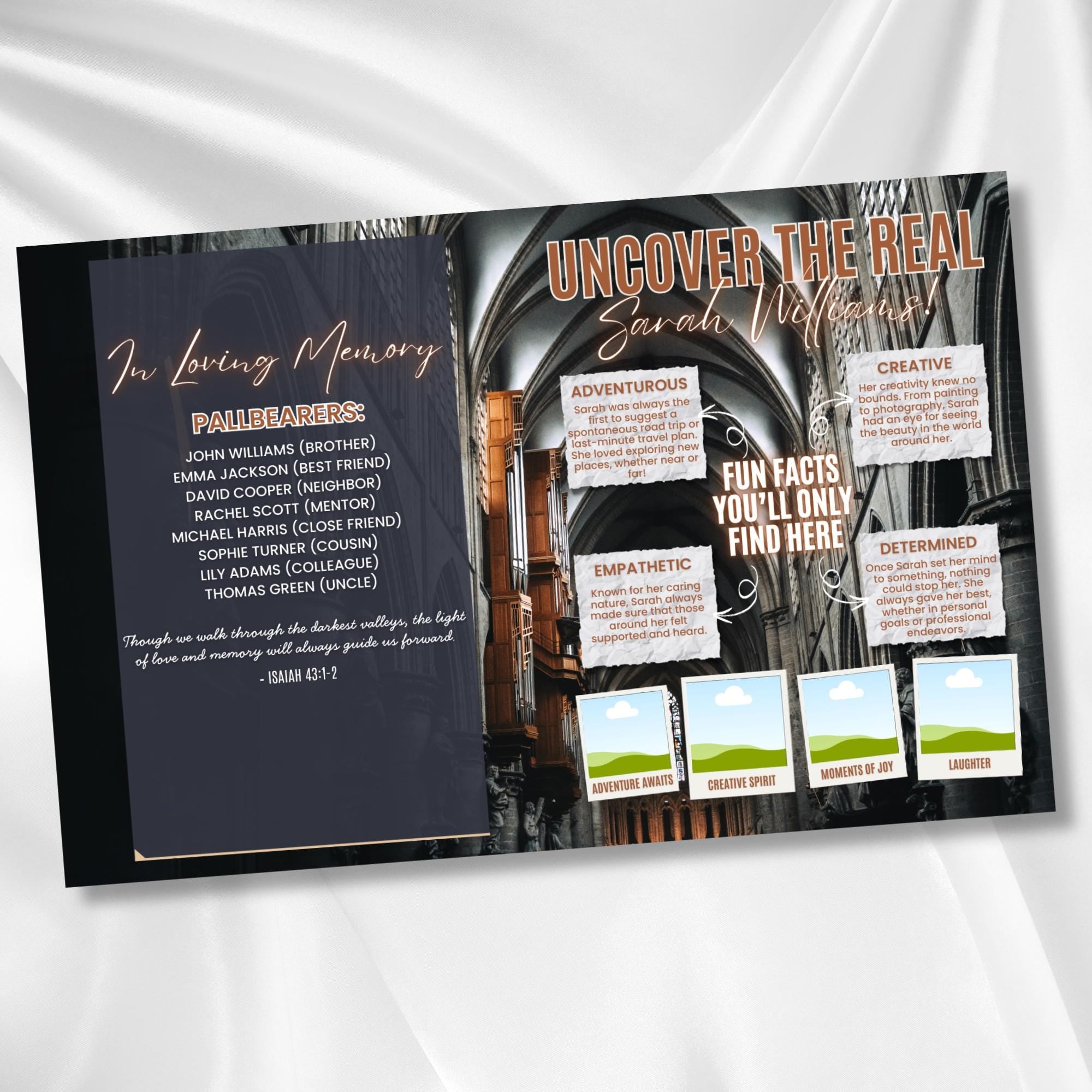 08 Pages Tabloid Black Funeral Program Template, Bi-Fold Funeral Program, In Loving Memory, Obituary Celebration Of Life Program - Editable Memorial Canva Template