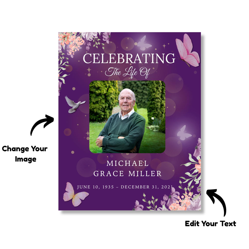 Memorial Purple Funeral Welcome Sign Template, In Loving Memory Template, Editable Celebration of Life Poster, Printable Remembrance Card - Editable Memorial Canva Template