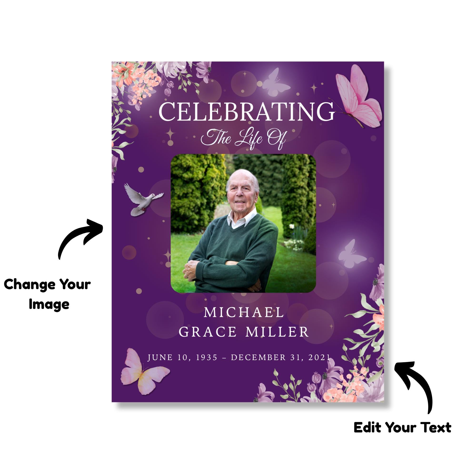 Memorial Purple Funeral Welcome Sign Template, In Loving Memory Template, Editable Celebration of Life Poster, Printable Remembrance Card - Editable Memorial Canva Template