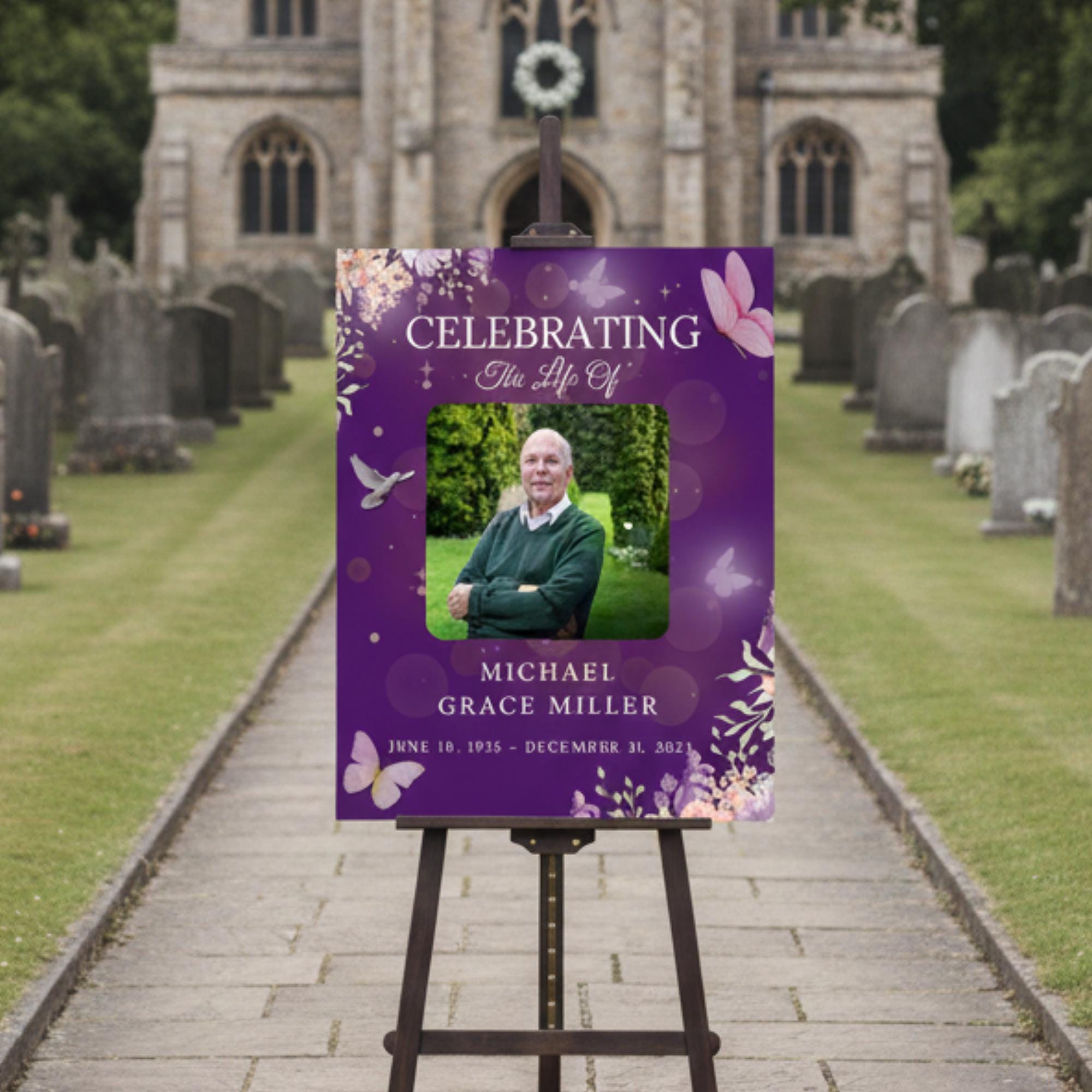 Memorial Purple Funeral Welcome Sign Template, In Loving Memory Template, Editable Celebration of Life Poster, Printable Remembrance Card - Editable Memorial Canva Template
