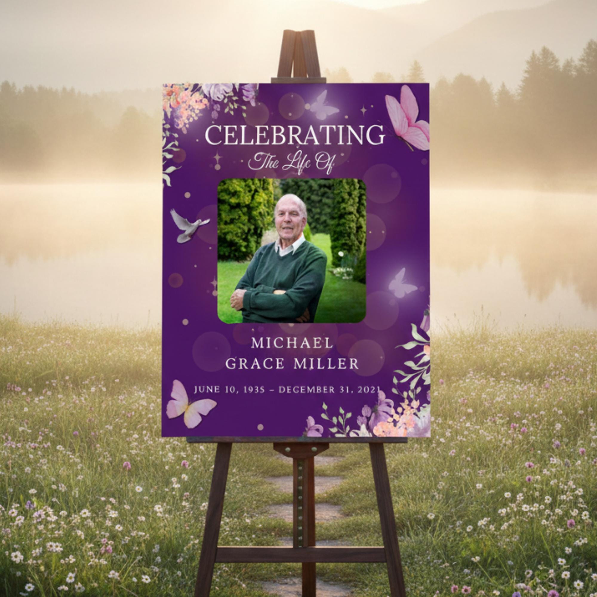 Memorial Purple Funeral Welcome Sign Template, In Loving Memory Template, Editable Celebration of Life Poster, Printable Remembrance Card - Editable Memorial Canva Template