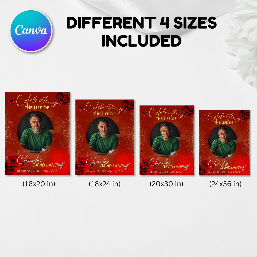 Memorial Red Funeral Welcome Sign Template, In Loving Memory Template, Editable Celebration of Life Poster, Printable Remembrance Card - Editable Memorial Canva Template