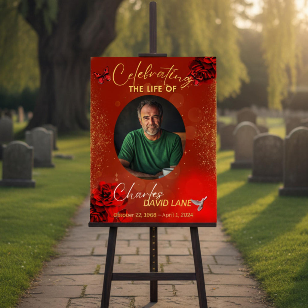Memorial Red Funeral Welcome Sign Template, In Loving Memory Template, Editable Celebration of Life Poster, Printable Remembrance Card - Editable Memorial Canva Template
