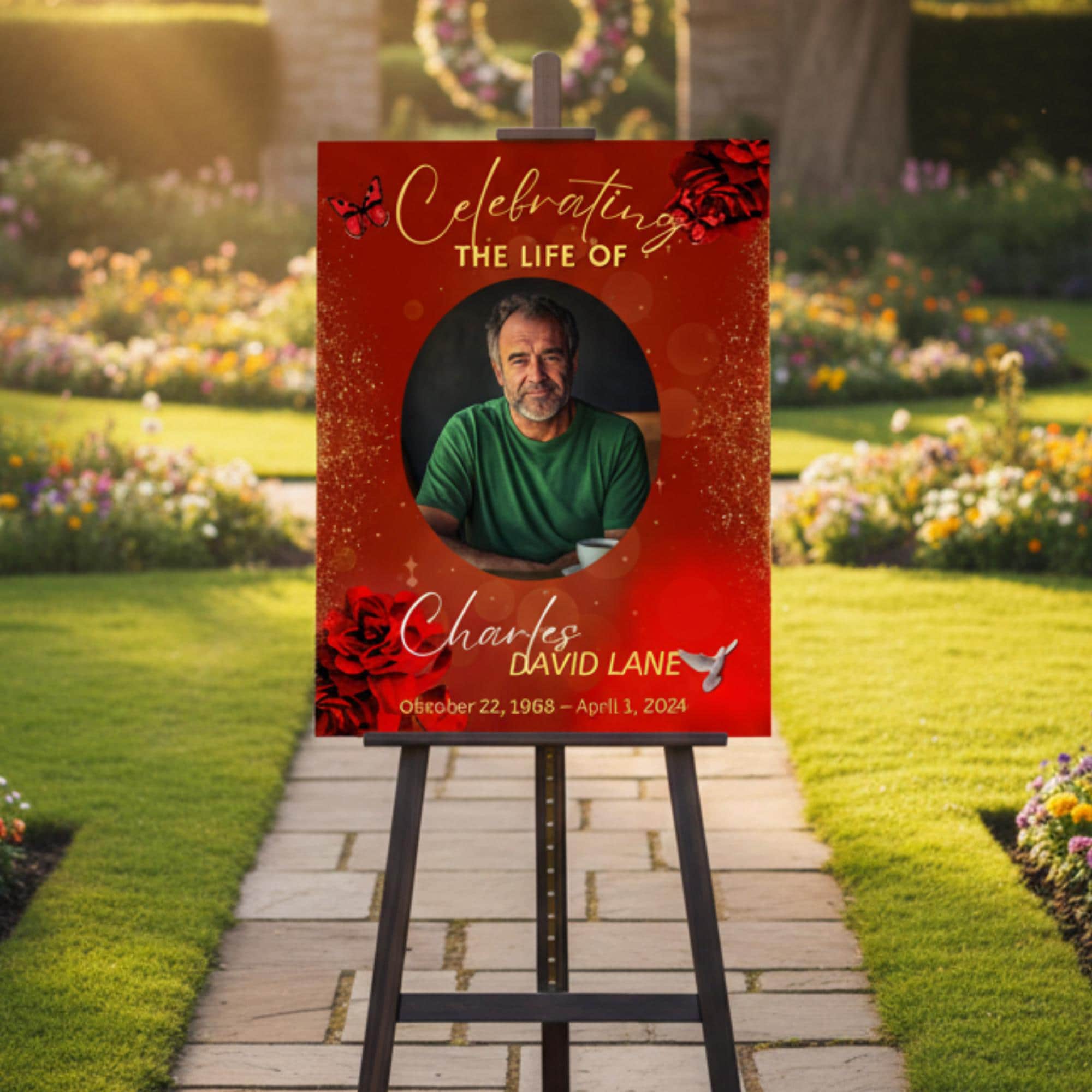 Memorial Red Funeral Welcome Sign Template, In Loving Memory Template, Editable Celebration of Life Poster, Printable Remembrance Card - Editable Memorial Canva Template