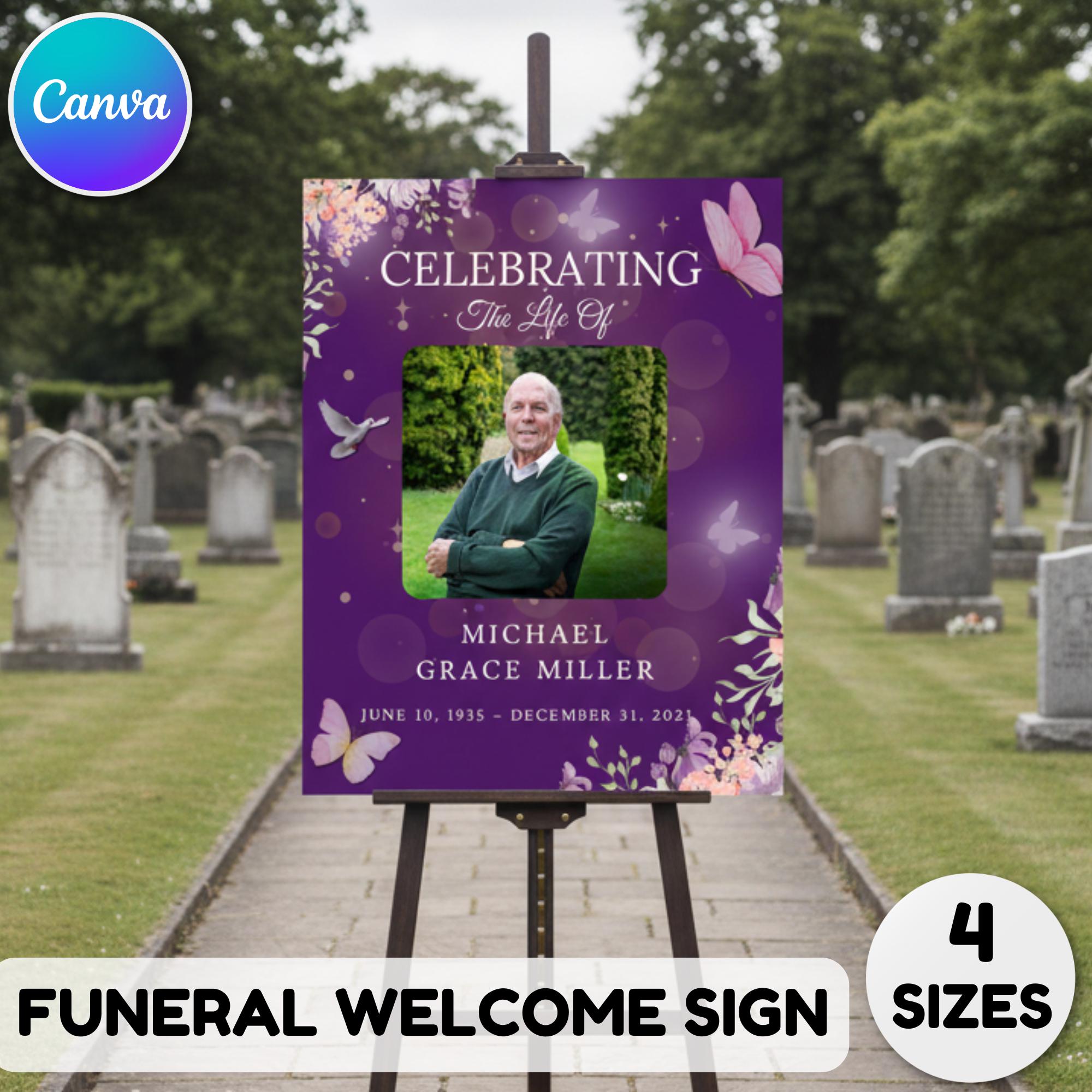 Memorial Purple Funeral Welcome Sign Template, In Loving Memory Template, Editable Celebration of Life Poster, Printable Remembrance Card - Editable Memorial Canva Template