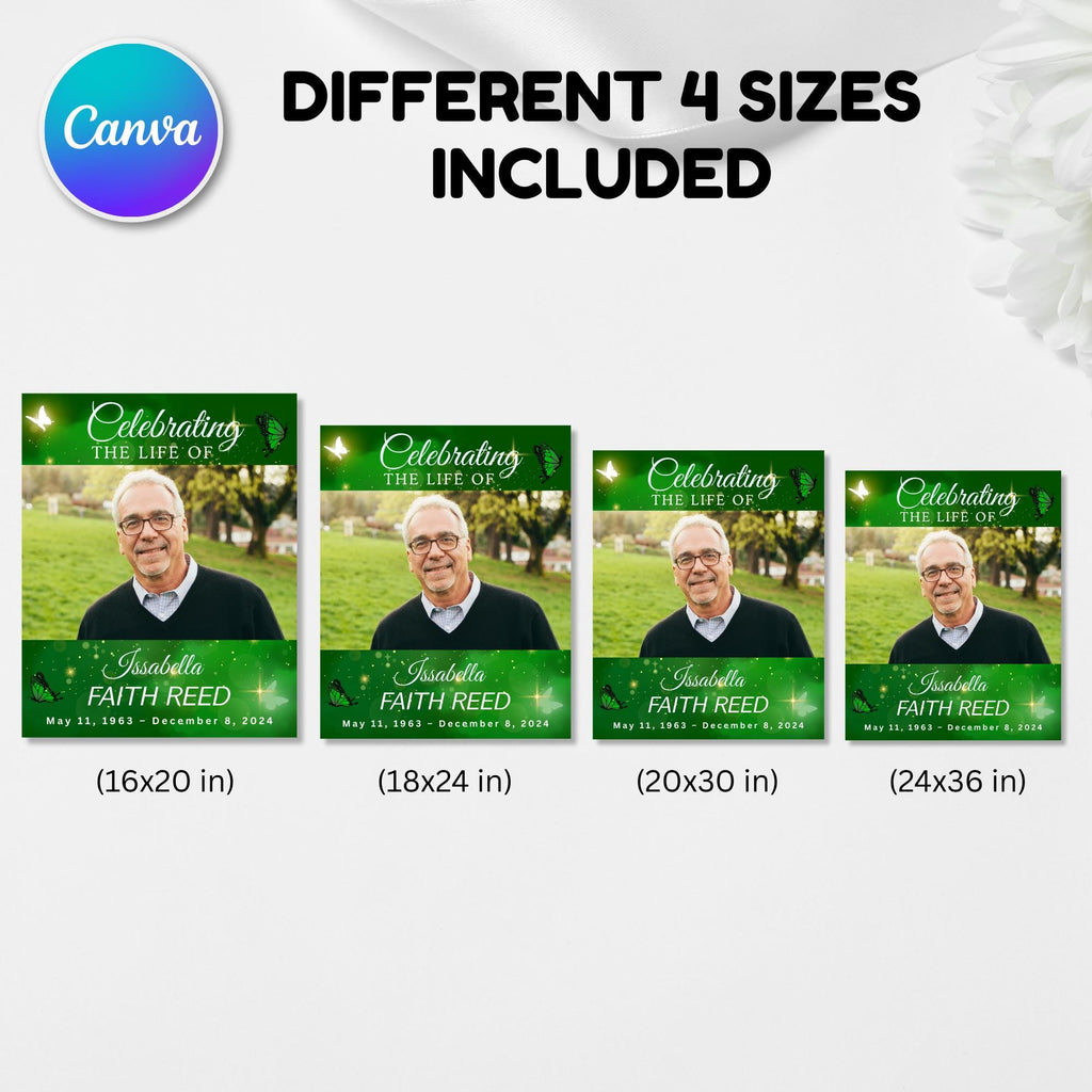 Memorial Green Funeral Welcome Sign Template, In Loving Memory Template, Editable Celebration of Life Poster, Printable Remembrance Card - Editable Memorial Canva Template