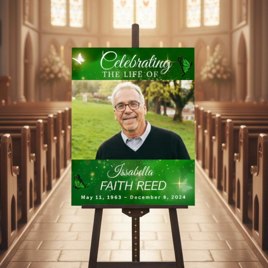 Memorial Green Funeral Welcome Sign Template, In Loving Memory Template, Editable Celebration of Life Poster, Printable Remembrance Card - Editable Memorial Canva Template