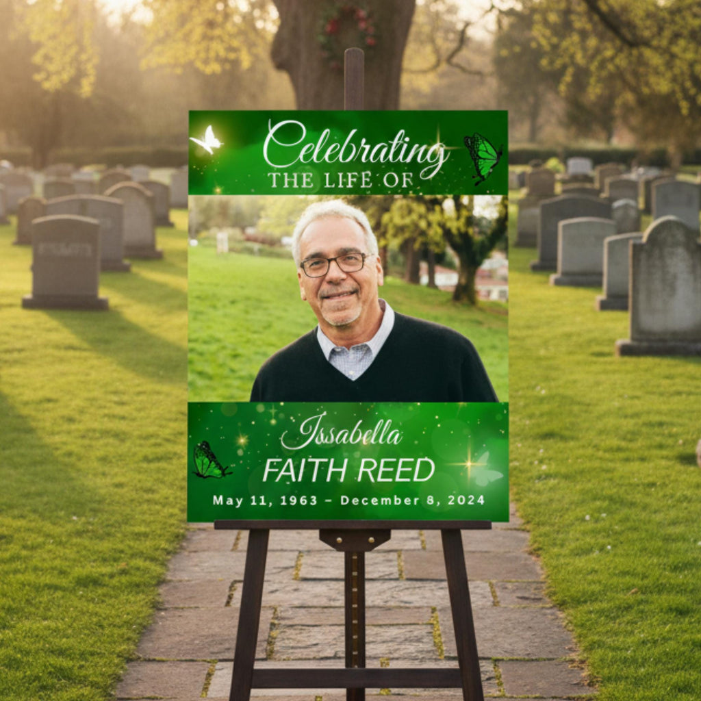 Memorial Green Funeral Welcome Sign Template, In Loving Memory Template, Editable Celebration of Life Poster, Printable Remembrance Card - Editable Memorial Canva Template