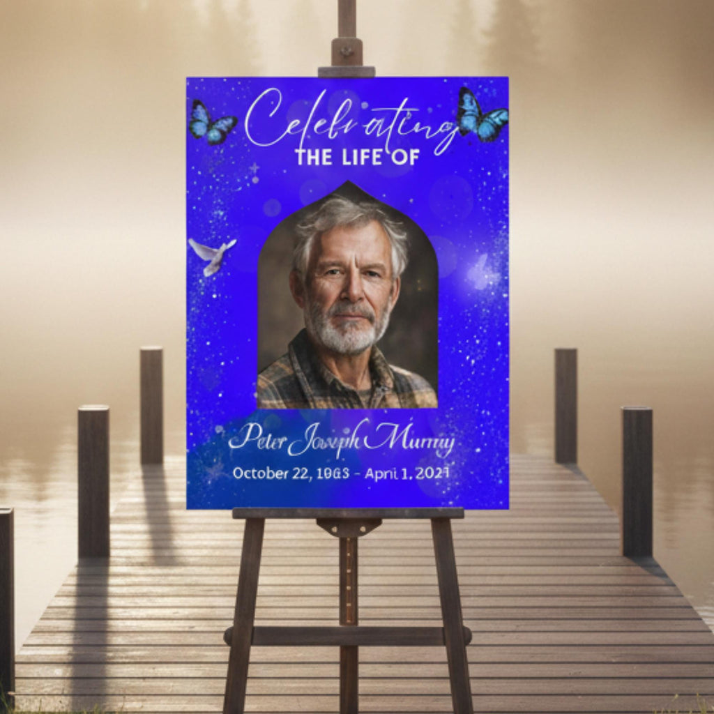 Memorial Blue Funeral Welcome Sign Template, In Loving Memory Template, Editable Celebration of Life Poster, Printable Remembrance Card - Editable Memorial Canva Template
