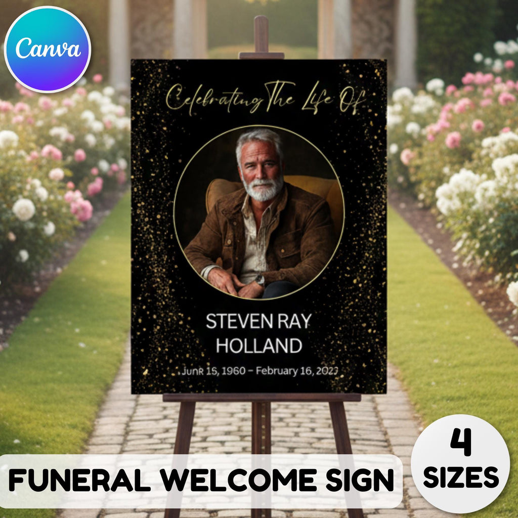 Memorial Black Funeral Welcome Sign Template, In Loving Memory Template, Editable Celebration of Life Poster, Printable Remembrance Card - Editable Memorial Canva Template