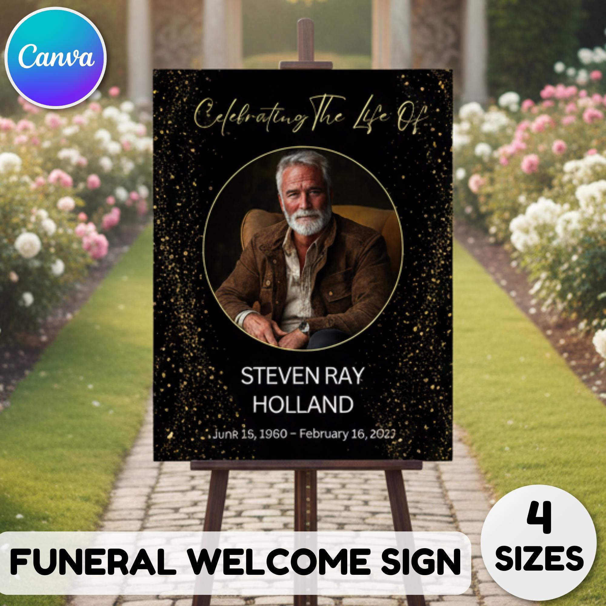 Memorial Black Funeral Welcome Sign Template, In Loving Memory Template, Editable Celebration of Life Poster, Printable Remembrance Card - Editable Memorial Canva Template