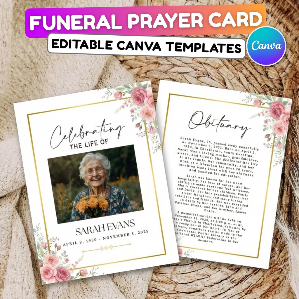 Funeral Prayer Card Canva Editable Template, In Loving Memory Template, Memorial Prayer Card, Printable Funeral Remembrance Card - Editable Memorial Canva Template