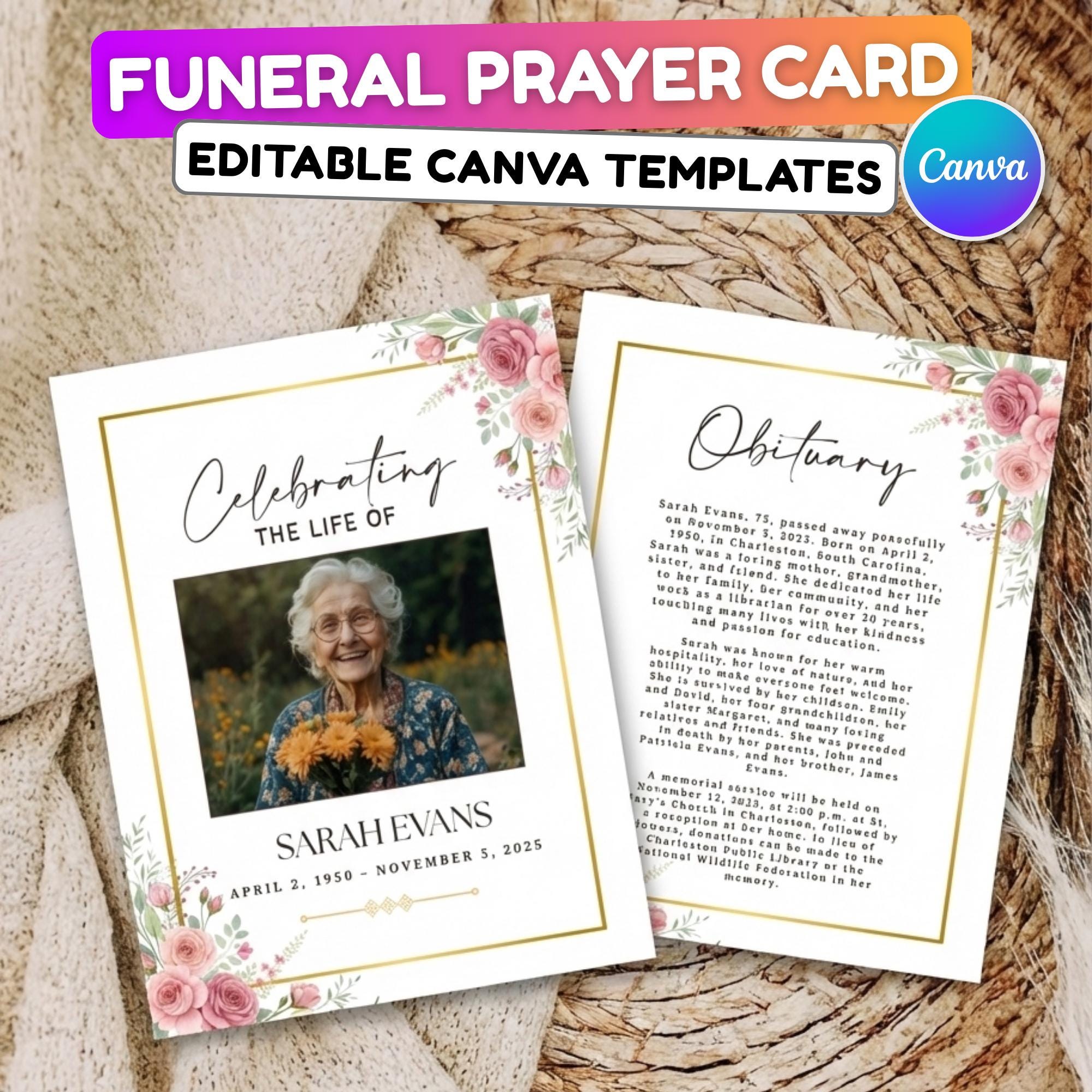 Funeral Prayer Card Canva Editable Template, In Loving Memory Template, Memorial Prayer Card, Printable Funeral Remembrance Card - Editable Memorial Canva Template