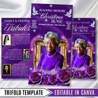 Trifold Purple Rose Gold Frame Funeral Program Template, Celebration of Life Obituary Program, Memorial Program, In Loving Memory, Editable - Editable Memorial Canva Template