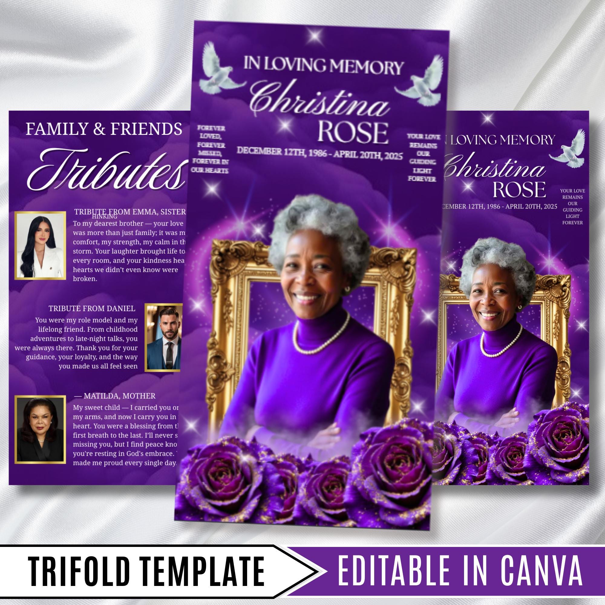 Trifold Purple Rose Gold Frame Funeral Program Template, Celebration of Life Obituary Program, Memorial Program, In Loving Memory, Editable - Editable Memorial Canva Template