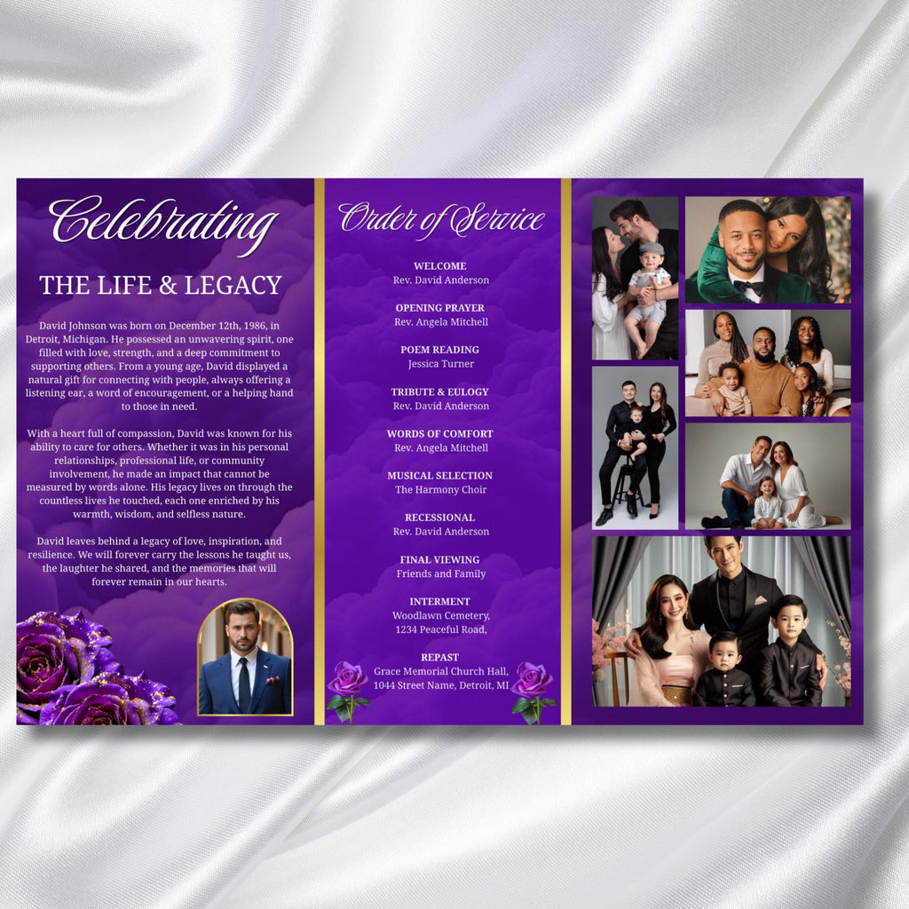 Trifold Purple Rose Gold Frame Funeral Program Template, Celebration of Life Obituary Program, Memorial Program, In Loving Memory, Editable - Editable Memorial Canva Template
