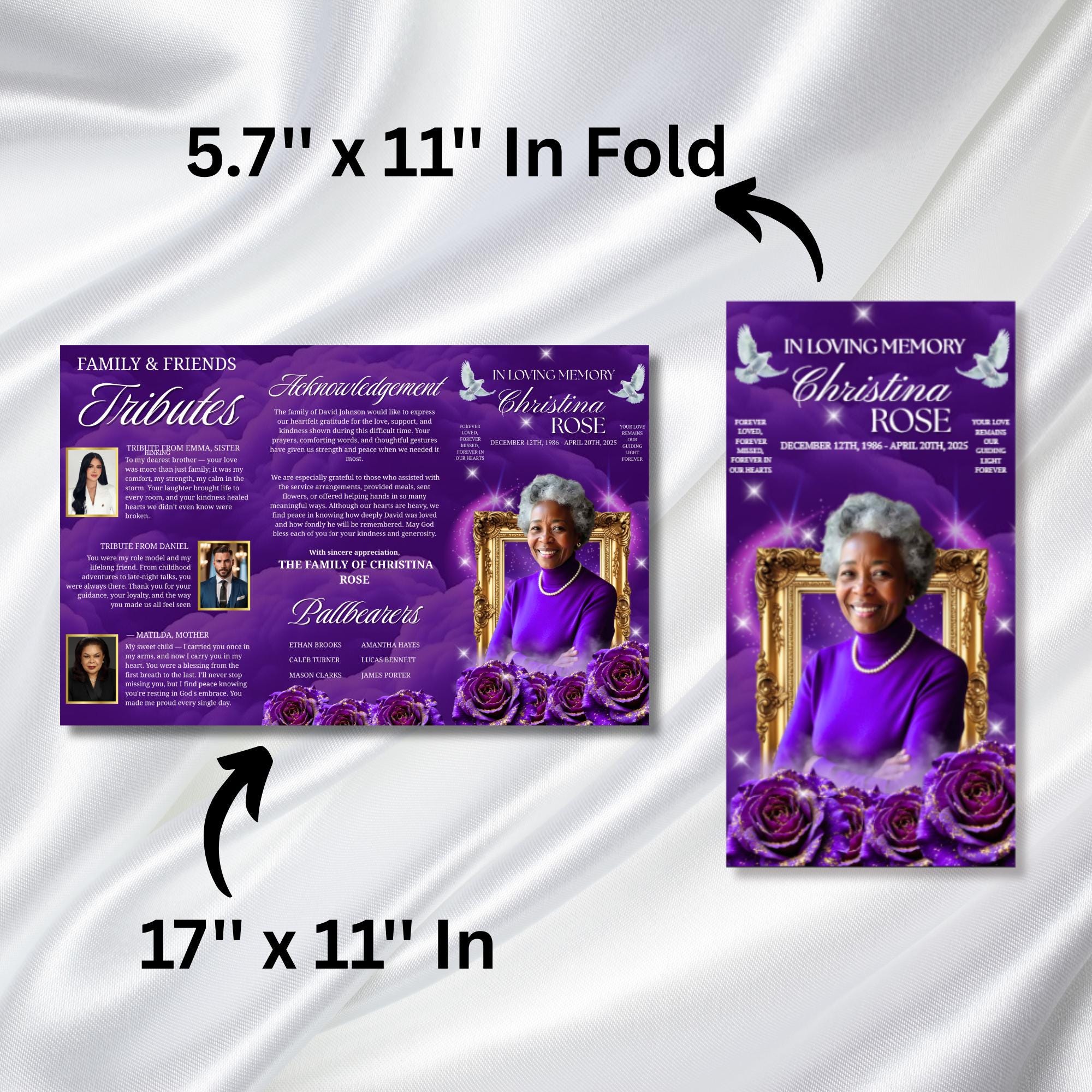 Trifold Purple Rose Gold Frame Funeral Program Template, Celebration of Life Obituary Program, Memorial Program, In Loving Memory, Editable - Editable Memorial Canva Template