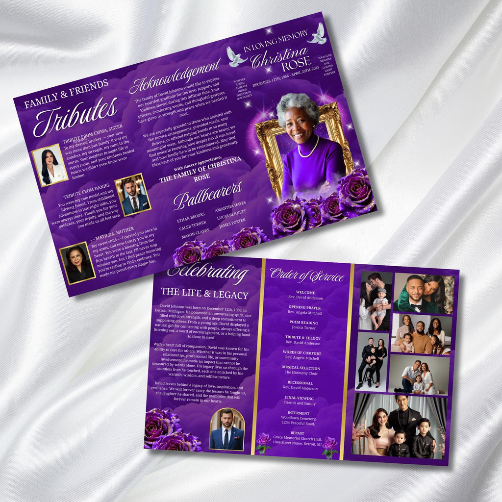 Trifold Purple Rose Gold Frame Funeral Program Template, Celebration of Life Obituary Program, Memorial Program, In Loving Memory, Editable - Editable Memorial Canva Template