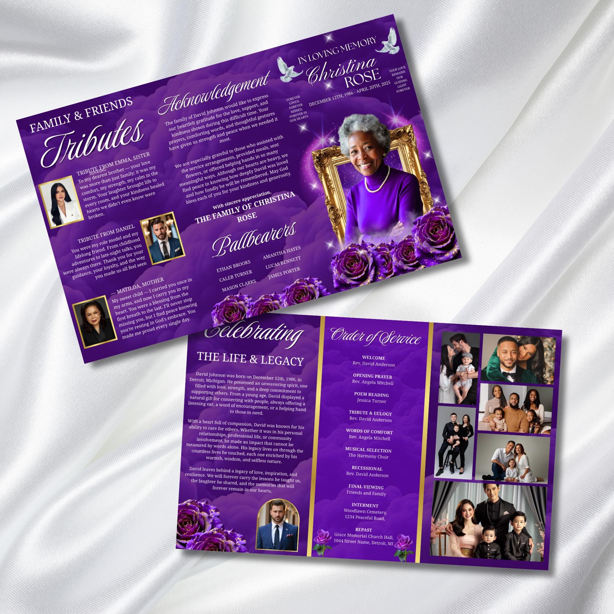 Trifold Purple Rose Gold Frame Funeral Program Template, Celebration of Life Obituary Program, Memorial Program, In Loving Memory, Editable - Editable Memorial Canva Template