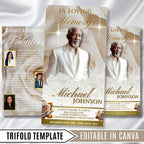 Trifold White Rose Glitter Frame Funeral Program Template, Celebration of Life Obituary Program, Memorial Program, In Loving Memory Template - Editable Memorial Canva Template