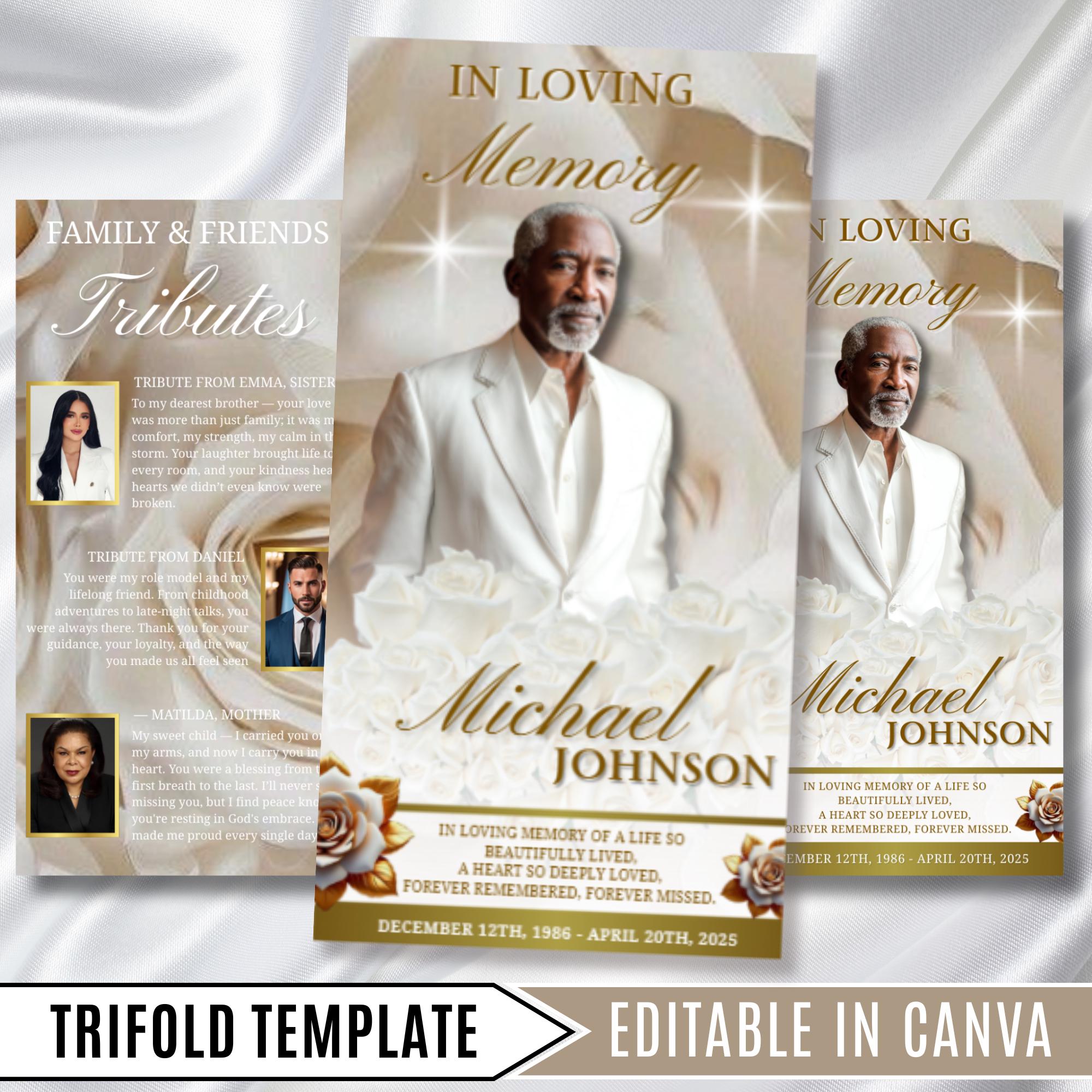 Trifold White Rose Glitter Frame Funeral Program Template, Celebration of Life Obituary Program, Memorial Program, In Loving Memory Template - Editable Memorial Canva Template