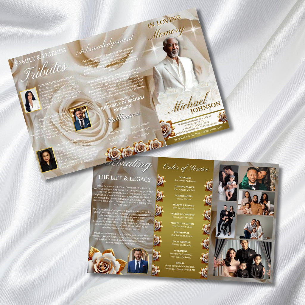 Trifold White Rose Glitter Frame Funeral Program Template, Celebration of Life Obituary Program, Memorial Program, In Loving Memory Template - Editable Memorial Canva Template