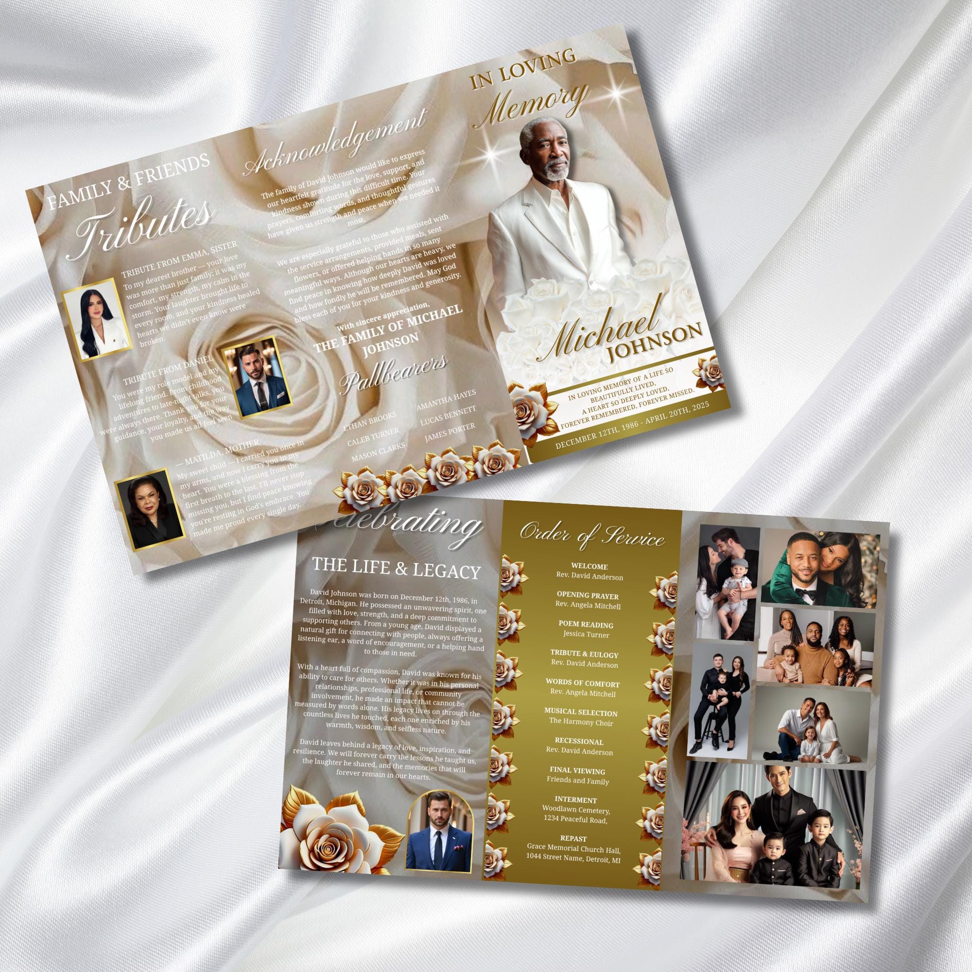 Trifold White Rose Glitter Frame Funeral Program Template, Celebration of Life Obituary Program, Memorial Program, In Loving Memory Template - Editable Memorial Canva Template