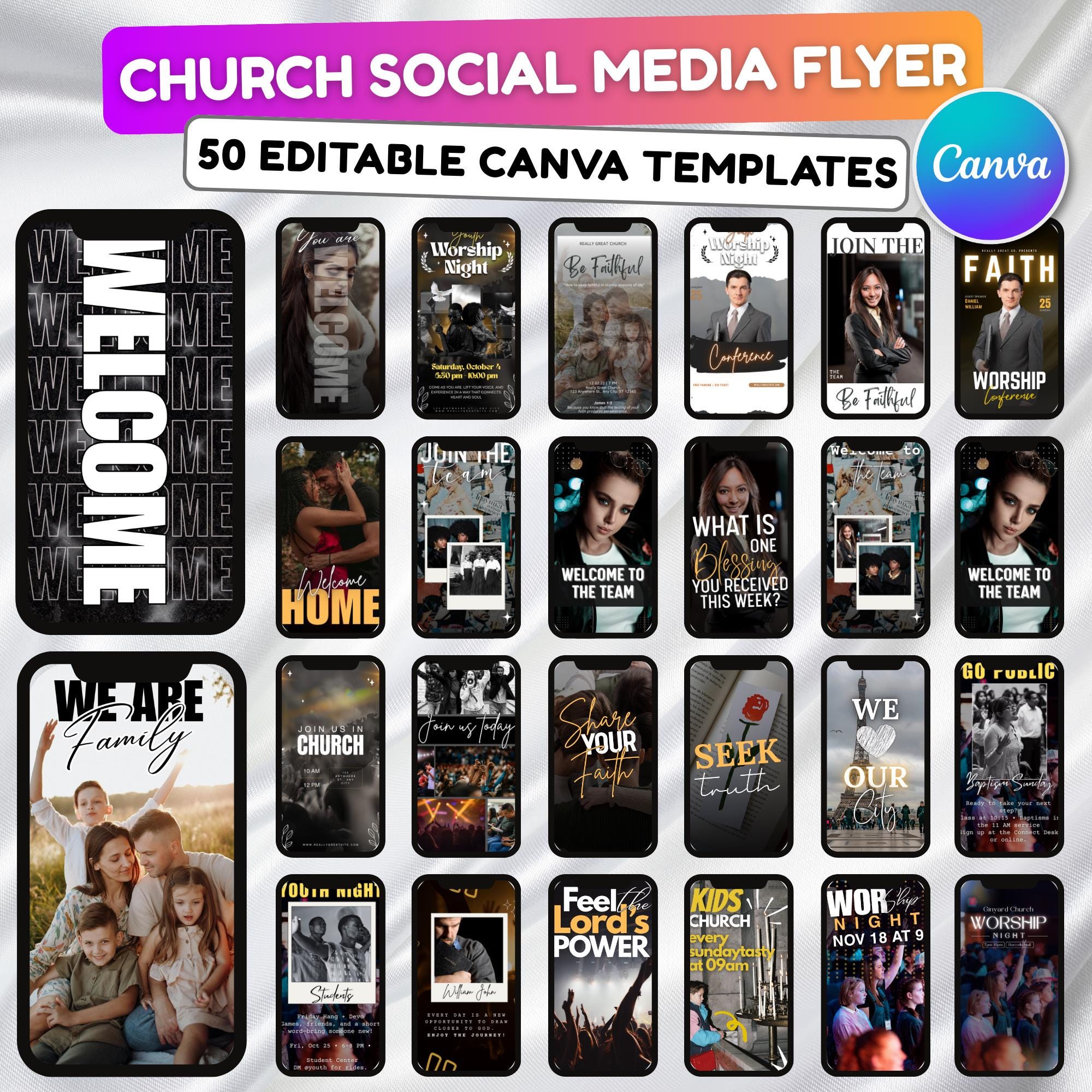 50 Church Social Media Canva Templates, Canva Church Template, Editable Church Event Posts, Eye-catching and vibrant posts, Digital Download - Editable Memorial Canva Template