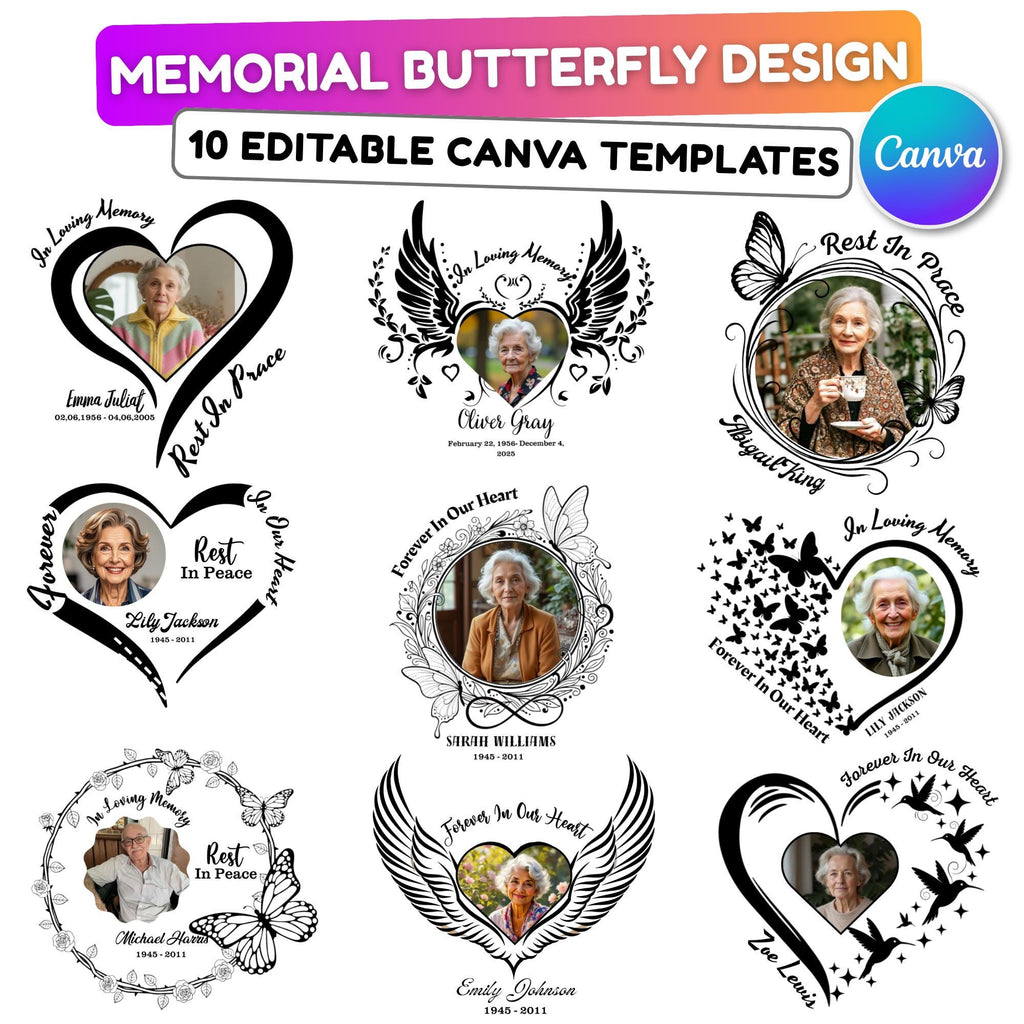 10 Editable Memorial Butterfly Flying Template, In Loving Memory Butterfly Picture Frame, Memorial Canva Template, Remembrance Favor - Editable Memorial Canva Template