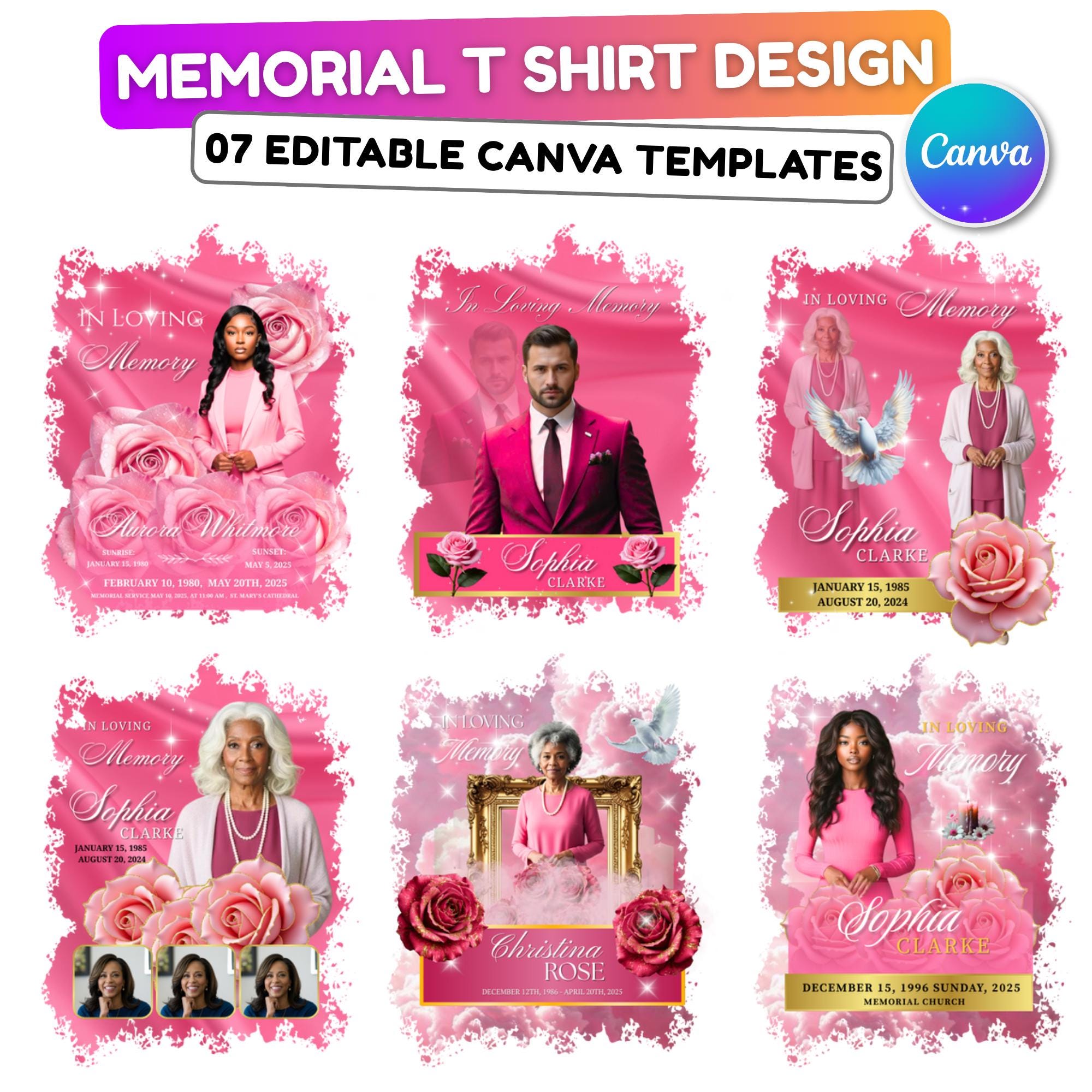 07 In Loving Memory Pink T Shirt Canva Editable Templates, In Loving Memory Template, Memorial Canva Template, Funeral & Celebration of Life - Editable Memorial Canva Template