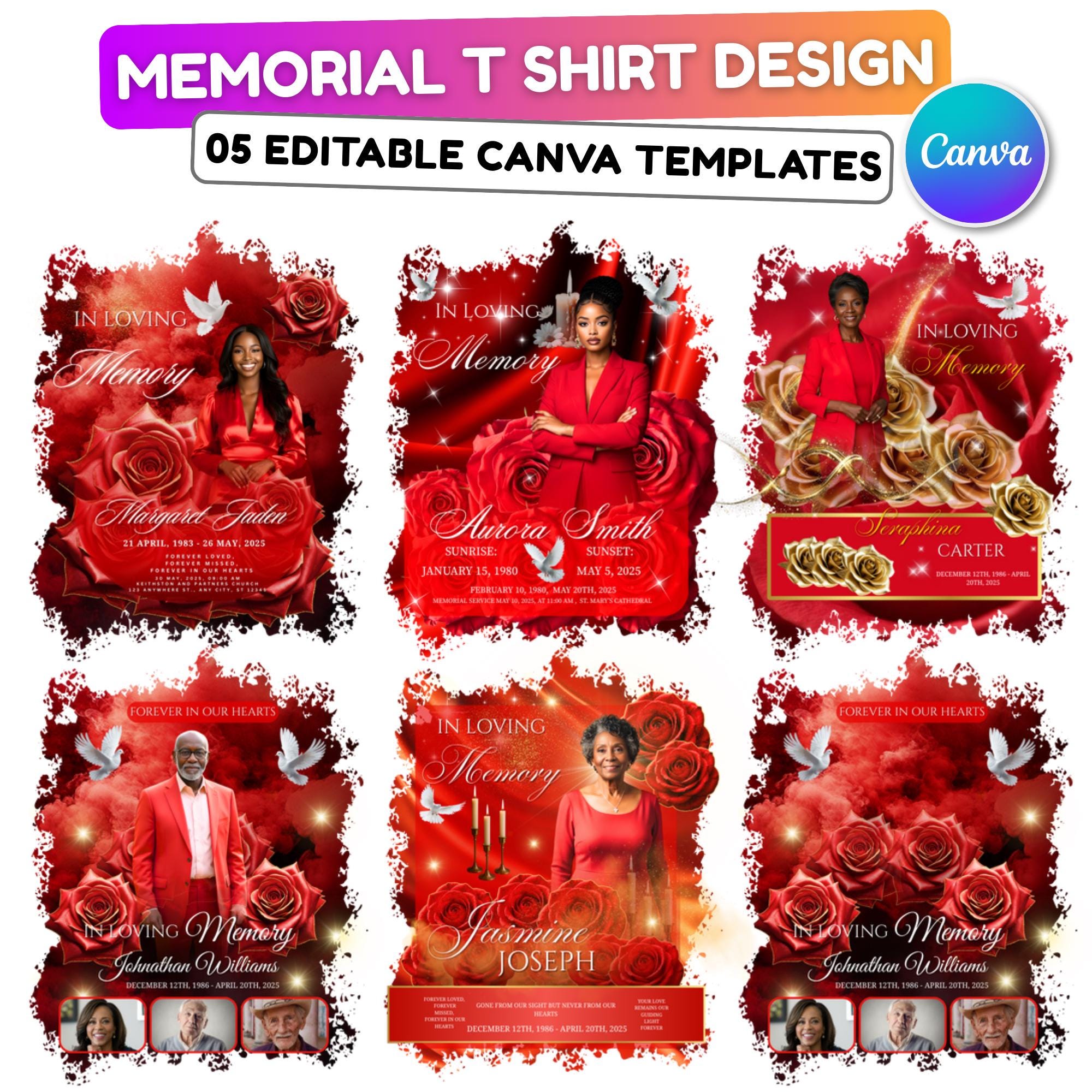 05 In Loving Memory Red T Shirt Canva Editable Templates, In Loving Memory Template, Memorial Canva Template, Funeral & Celebration of Life - Editable Memorial Canva Template