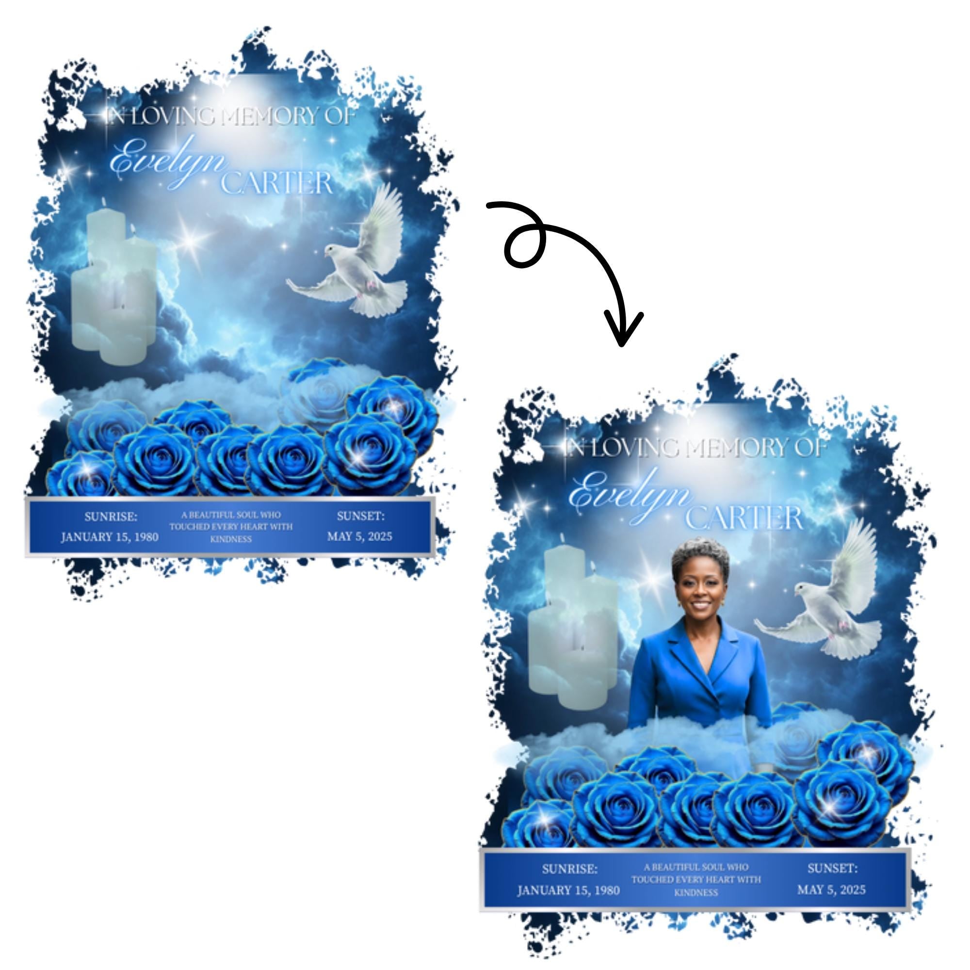 04 In Loving Memory Blue T Shirt Canva Editable Templates, In Loving Memory Template, Memorial Canva Template, Funeral & Celebration of Life - Editable Memorial Canva Template