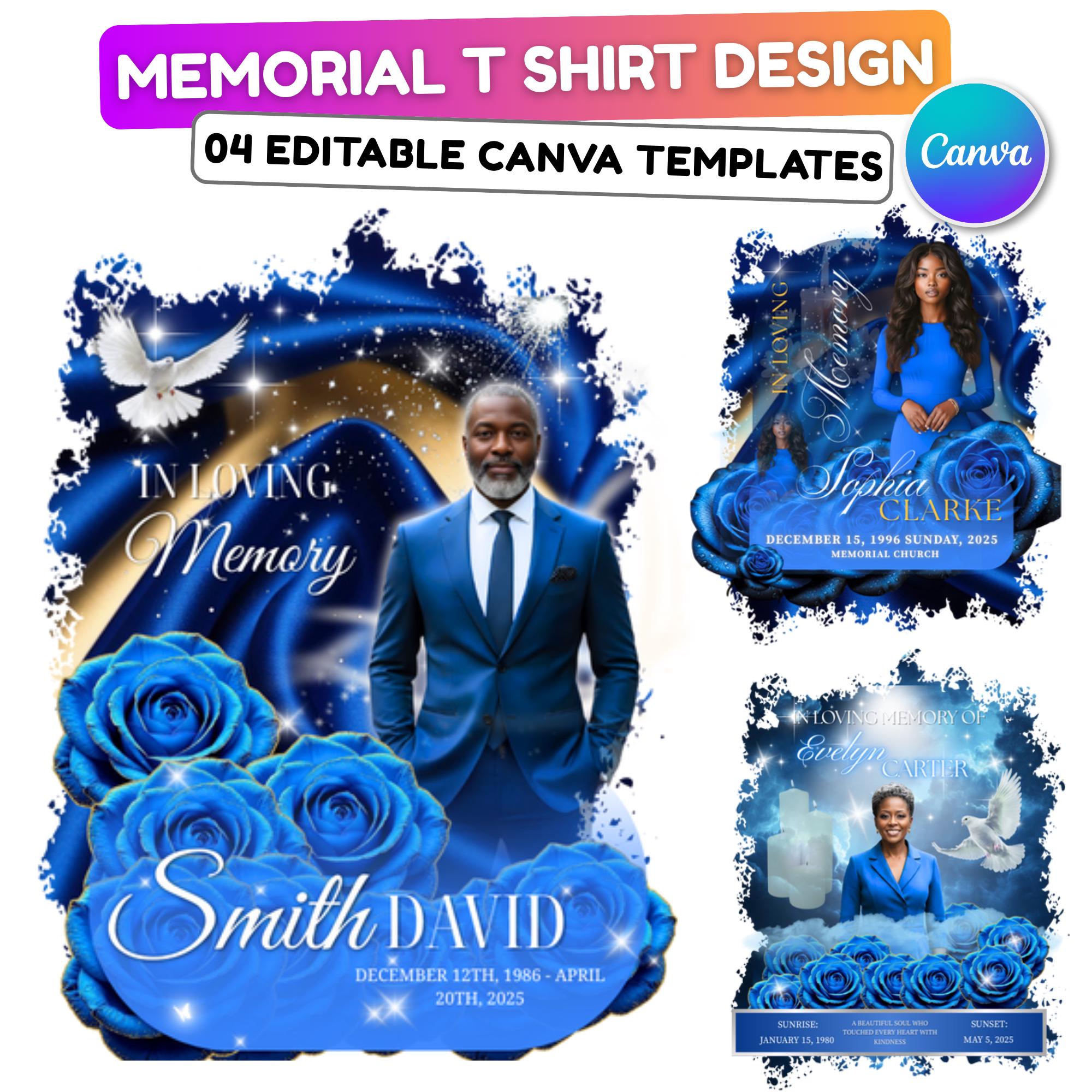 04 In Loving Memory Blue T Shirt Canva Editable Templates, In Loving Memory Template, Memorial Canva Template, Funeral & Celebration of Life - Editable Memorial Canva Template