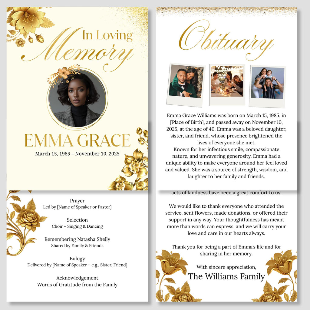 Editable Blush Floral Funeral Program Template, In Loving Memory Template, Memorial Prayer Card, Printable Funeral Remembrance Card - Editable Memorial Canva Template