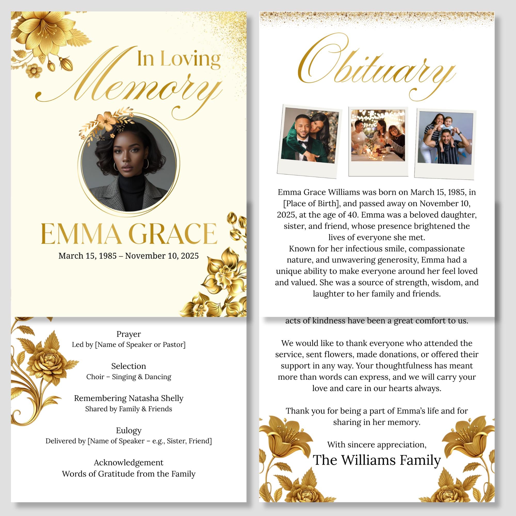 Editable Blush Floral Funeral Program Template, In Loving Memory Template, Memorial Prayer Card, Printable Funeral Remembrance Card - Editable Memorial Canva Template