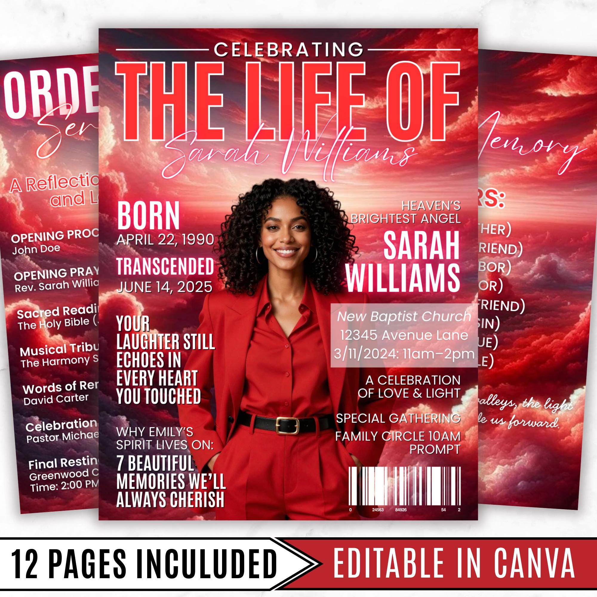 12 Page Red Memorial Essence Magazine Template, Celebration of Life Program Keepsake, Obituary Celebration Of Life Program, Digital Download - Editable Memorial Canva Template