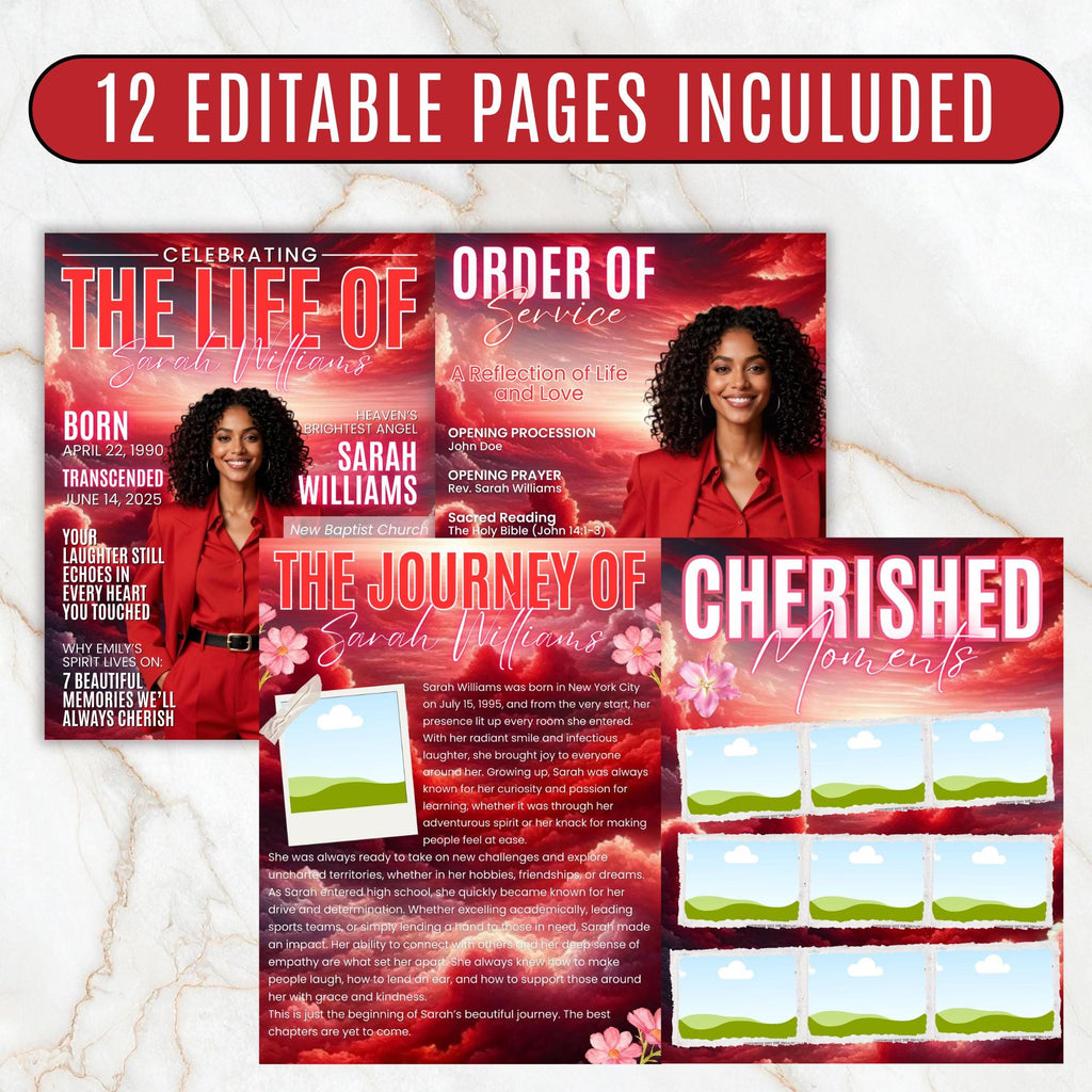 12 Page Red Memorial Essence Magazine Template, Celebration of Life Program Keepsake, Obituary Celebration Of Life Program, Digital Download - Editable Memorial Canva Template