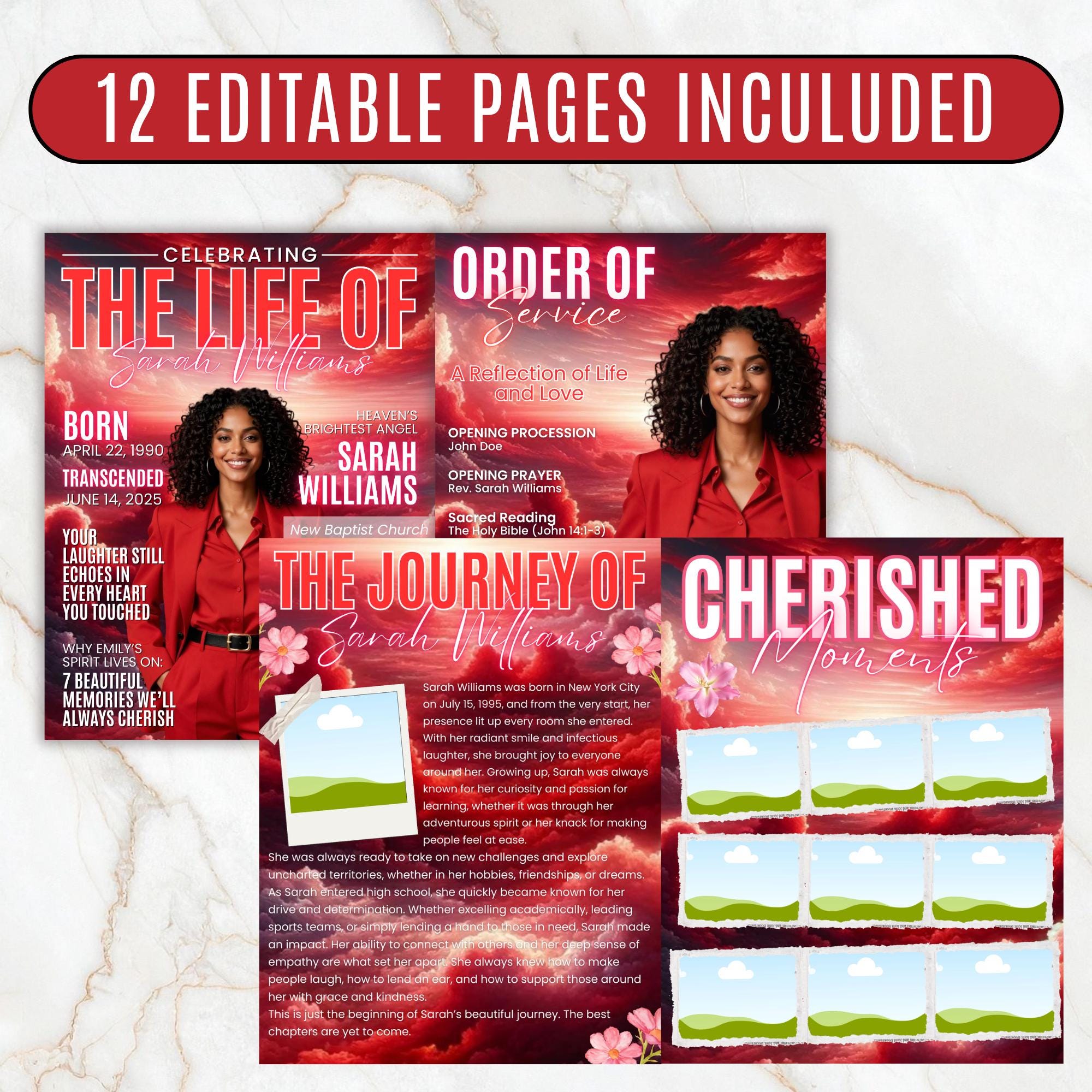 12 Page Red Memorial Essence Magazine Template, Celebration of Life Program Keepsake, Obituary Celebration Of Life Program, Digital Download - Editable Memorial Canva Template
