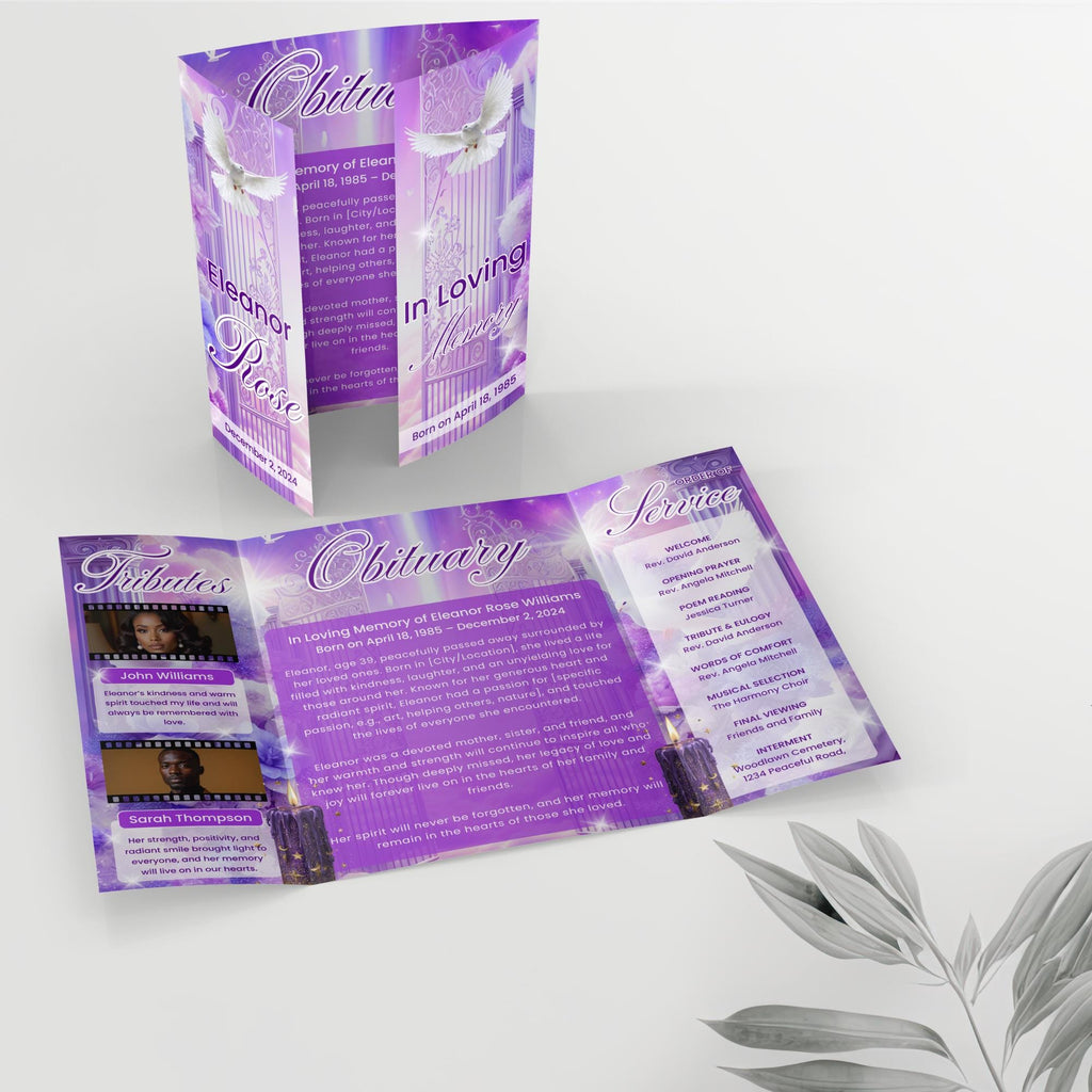 Heavenly Purple Gatefold Funeral Program Template, In Loving Memory Template,Memorial Gatefold Program, Celebration of Life Funeral Brochure - Editable Memorial Canva Template