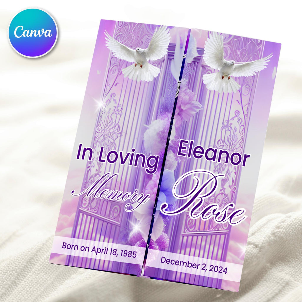 Heavenly Purple Gatefold Funeral Program Template, In Loving Memory Template,Memorial Gatefold Program, Celebration of Life Funeral Brochure - Editable Memorial Canva Template