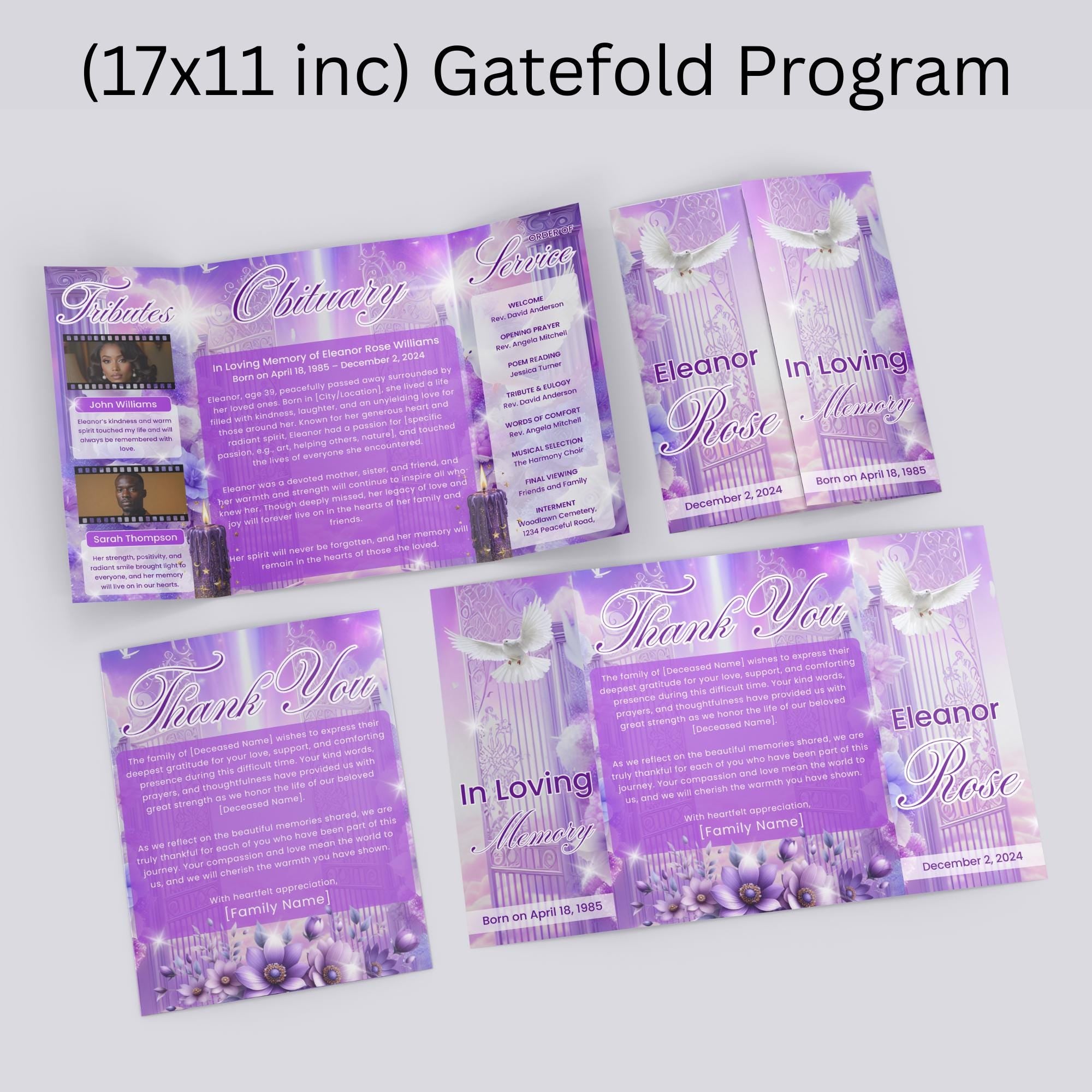 Heavenly Purple Gatefold Funeral Program Template, In Loving Memory Template,Memorial Gatefold Program, Celebration of Life Funeral Brochure - Editable Memorial Canva Template