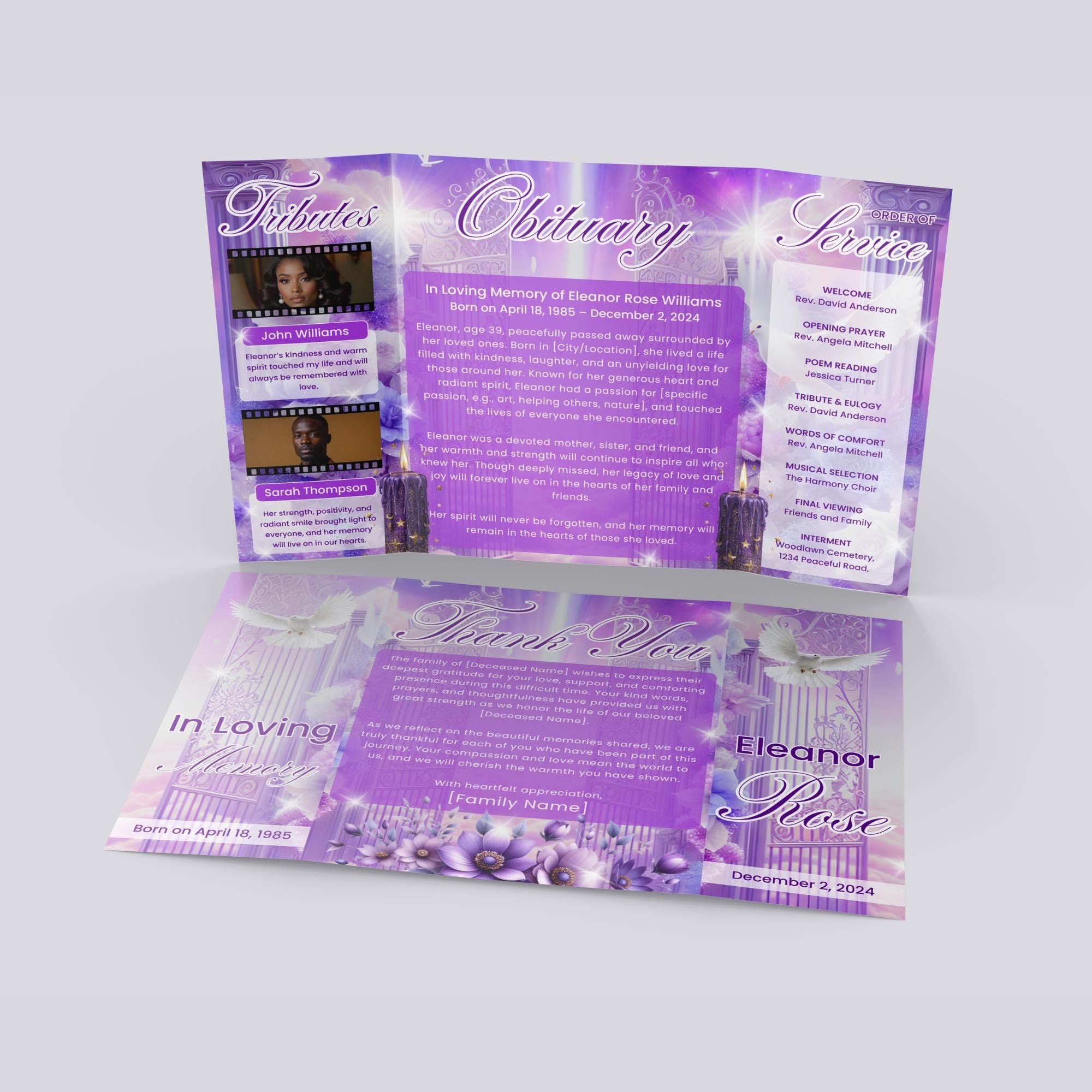 Heavenly Purple Gatefold Funeral Program Template, In Loving Memory Template,Memorial Gatefold Program, Celebration of Life Funeral Brochure - Editable Memorial Canva Template