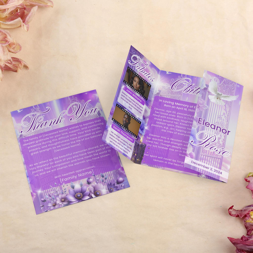 Heavenly Purple Gatefold Funeral Program Template, In Loving Memory Template,Memorial Gatefold Program, Celebration of Life Funeral Brochure - Editable Memorial Canva Template