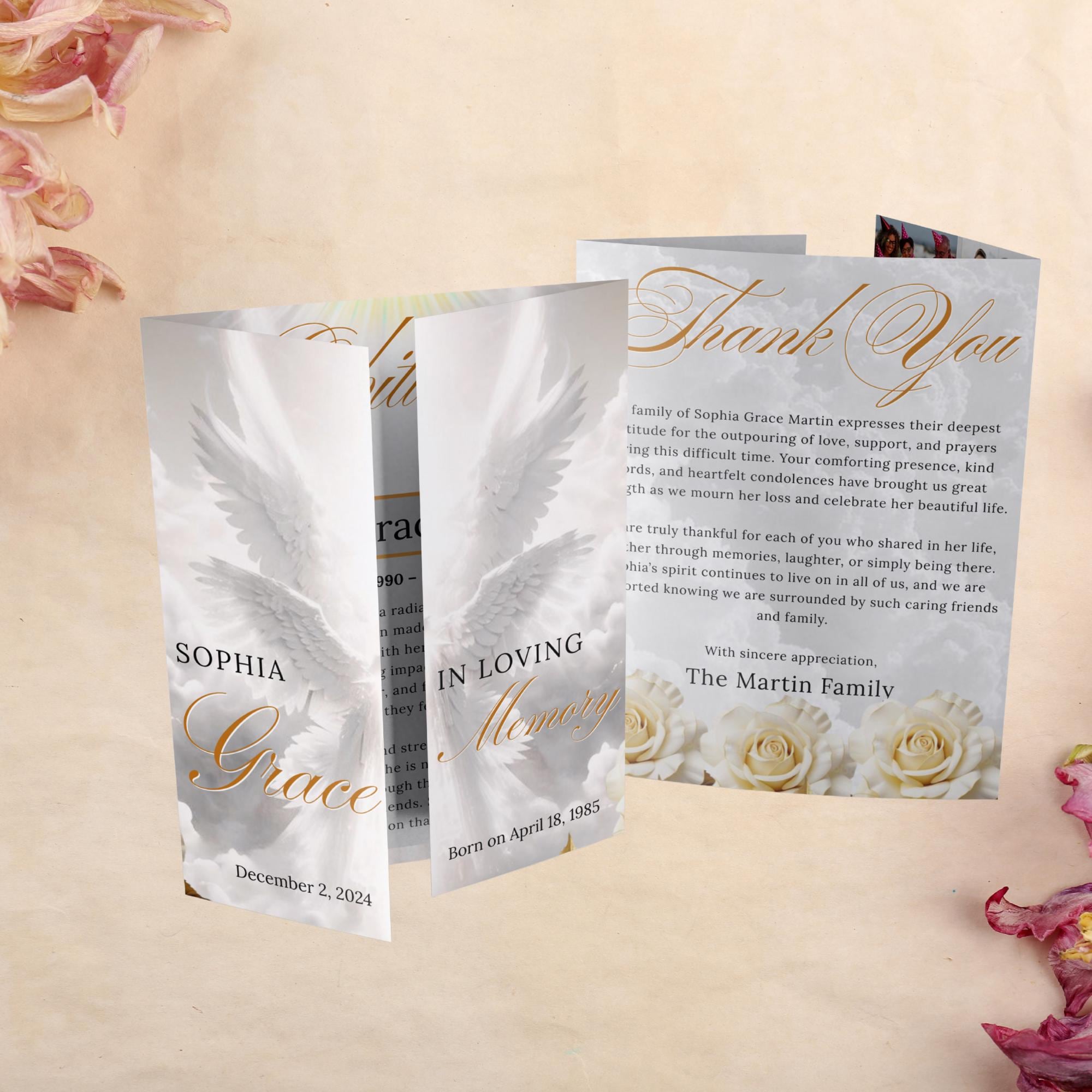 Silver Obituary Gatefold Funeral Program Template, In Loving Memory Template,Memorial Gatefold Program, Celebration of Life Funeral Brochure - Editable Memorial Canva Template