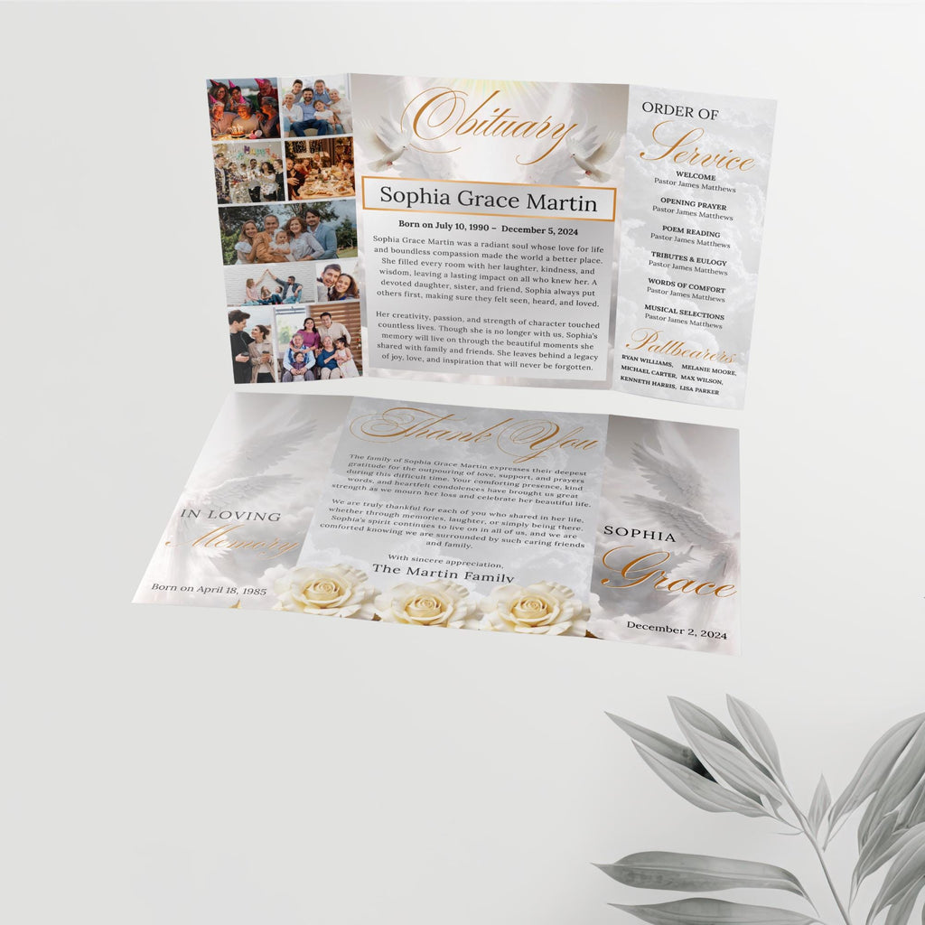 Silver Obituary Gatefold Funeral Program Template, In Loving Memory Template,Memorial Gatefold Program, Celebration of Life Funeral Brochure - Editable Memorial Canva Template