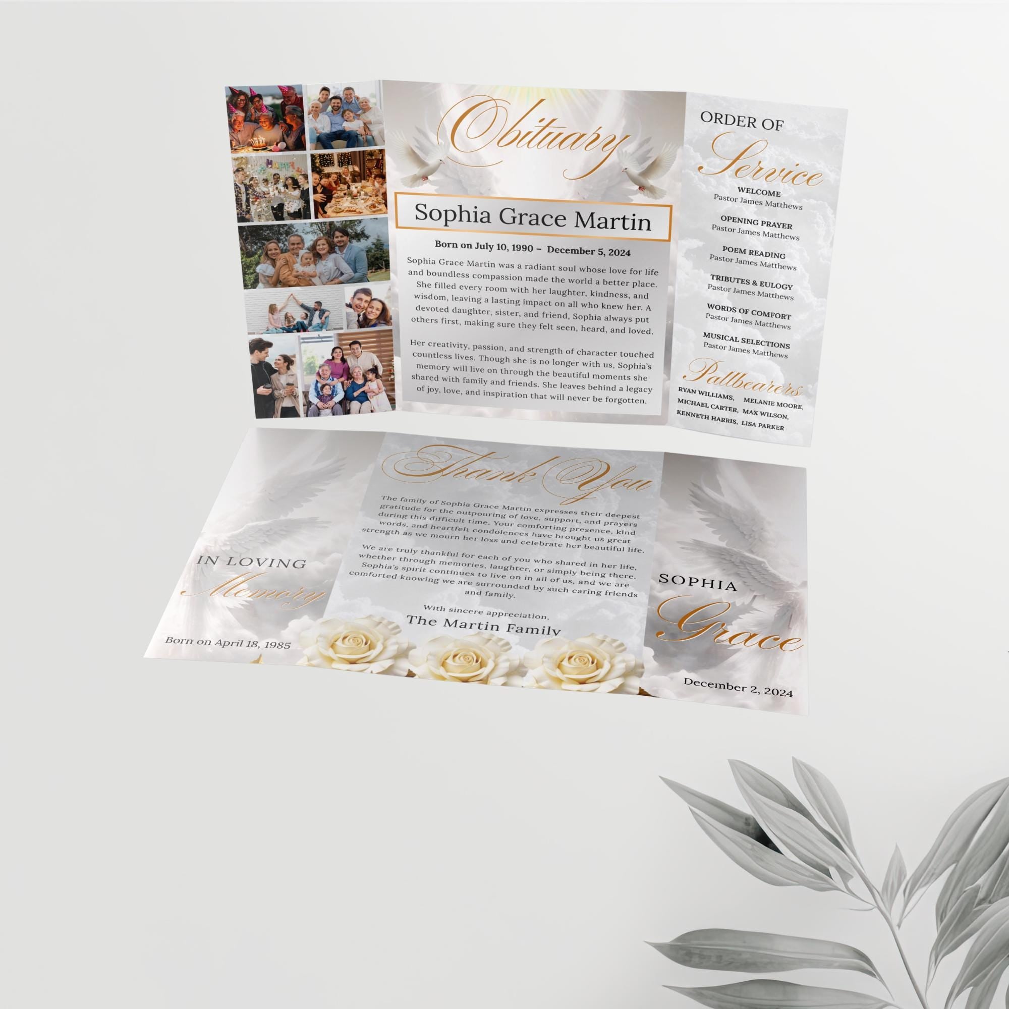 Silver Obituary Gatefold Funeral Program Template, In Loving Memory Template,Memorial Gatefold Program, Celebration of Life Funeral Brochure - Editable Memorial Canva Template