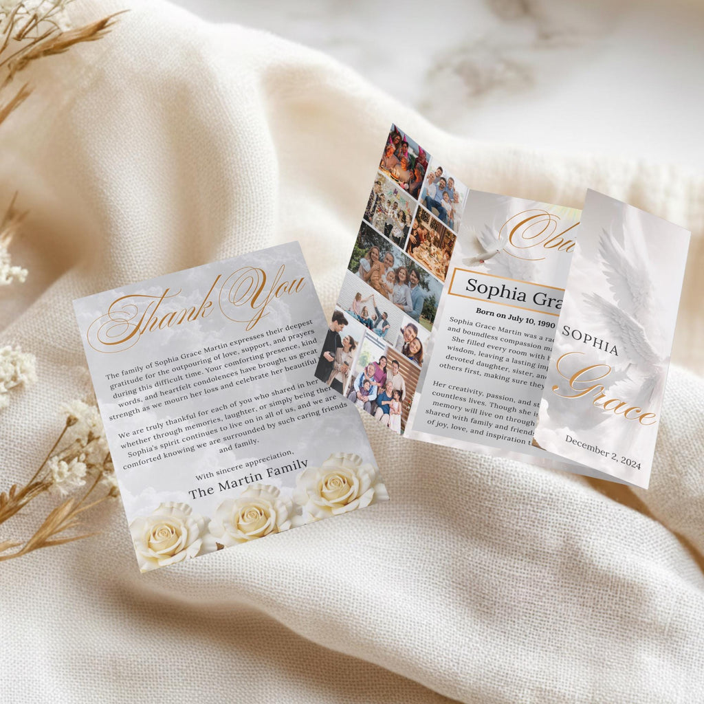 Silver Obituary Gatefold Funeral Program Template, In Loving Memory Template,Memorial Gatefold Program, Celebration of Life Funeral Brochure - Editable Memorial Canva Template